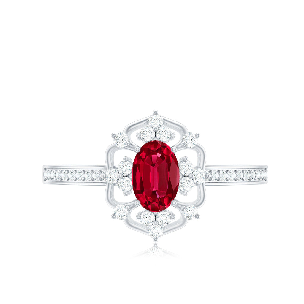 Certified Lab Created Ruby Vintage Inspired Engagement Ring with Diamond