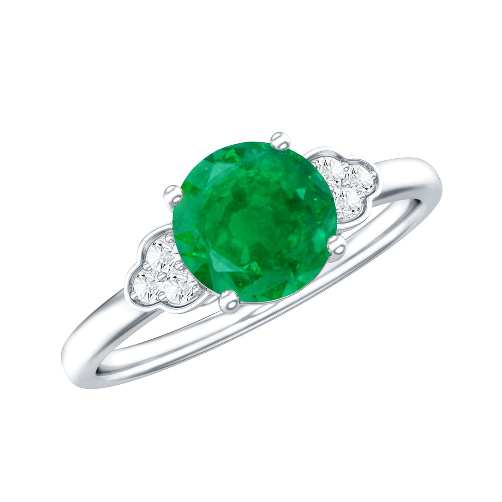 Natural Solitaire Emerald Engagement Ring with Diamond Trio