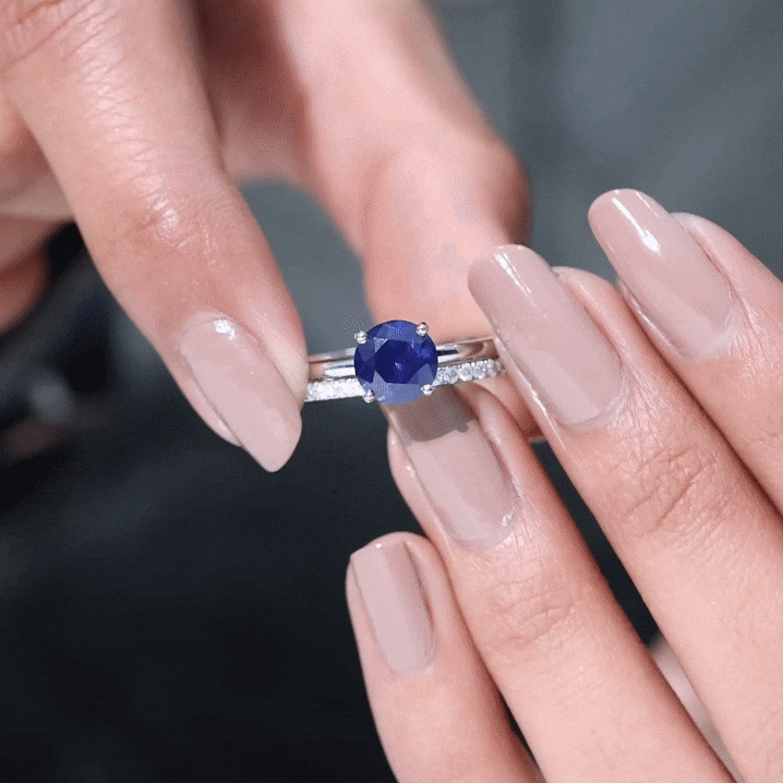 2.7 Carat Round Shape Lab Created Blue Sapphire Solitaire Wedding Ring Set with Diamond Band