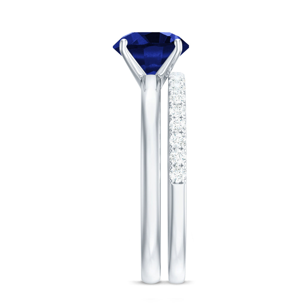 2.7 Carat Round Shape Lab Created Blue Sapphire Solitaire Wedding Ring Set with Diamond Band