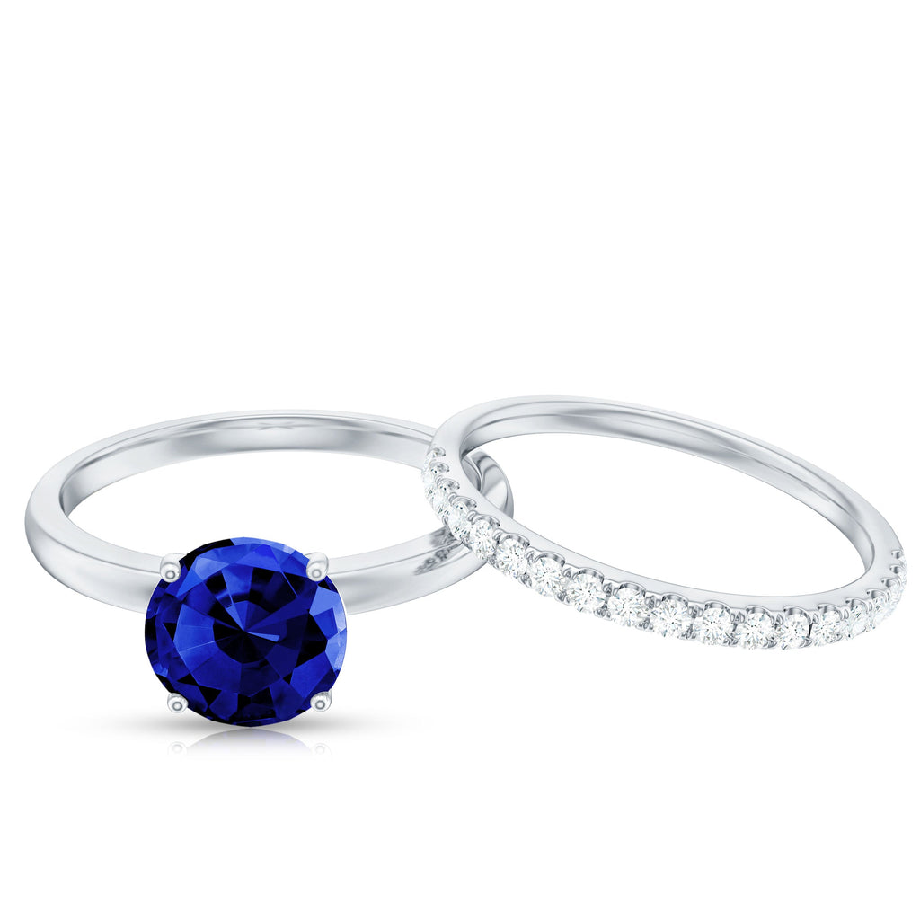 2.7 Carat Round Shape Lab Created Blue Sapphire Solitaire Wedding Ring Set with Diamond Band
