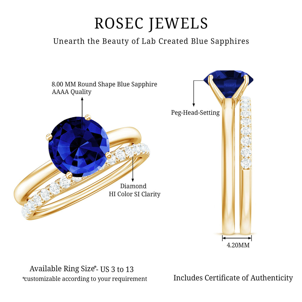2.7 Carat Round Shape Lab Created Blue Sapphire Solitaire Wedding Ring Set with Diamond Band