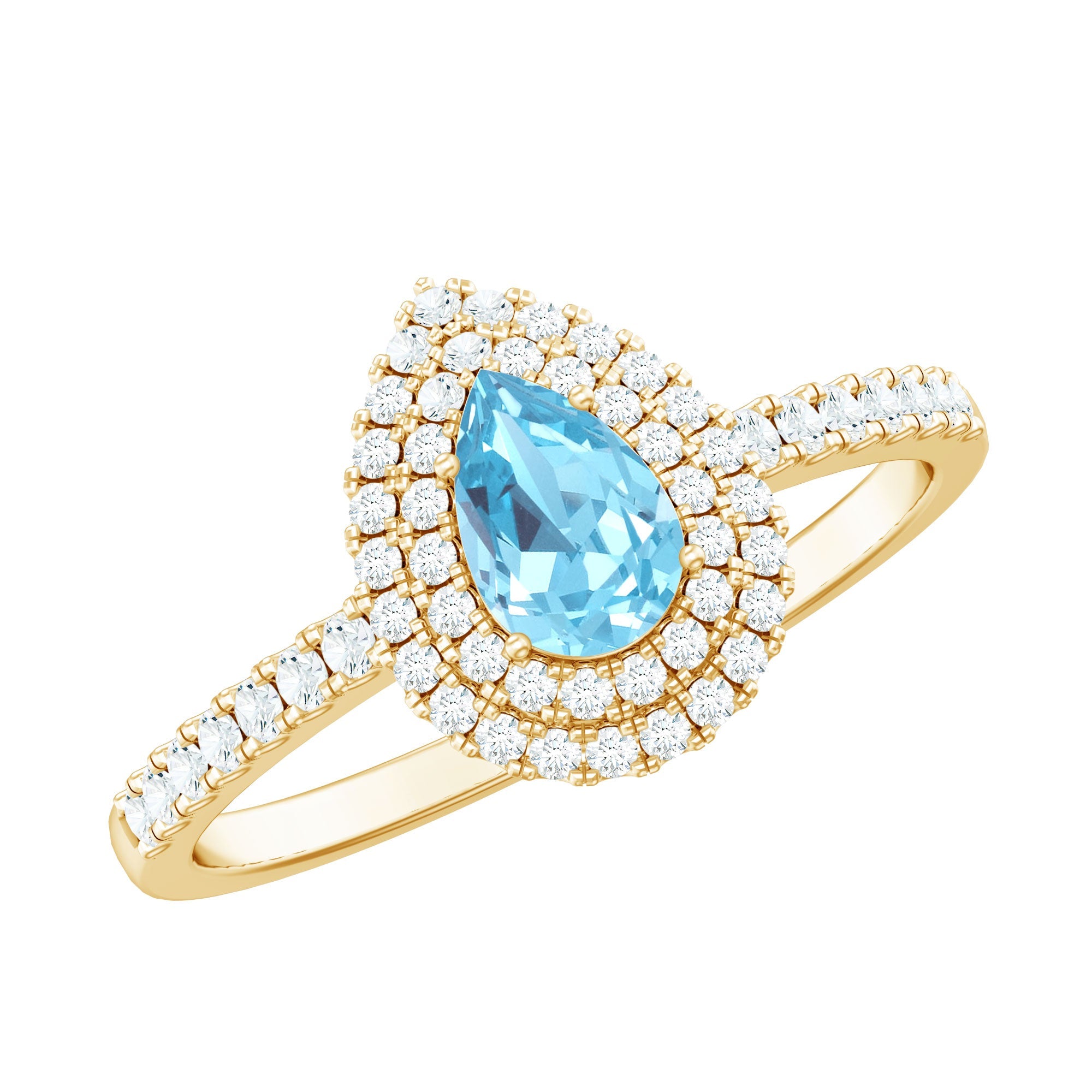 Classic Aquamarine and Diamond Teardrop Engagement Ring with Double Halo