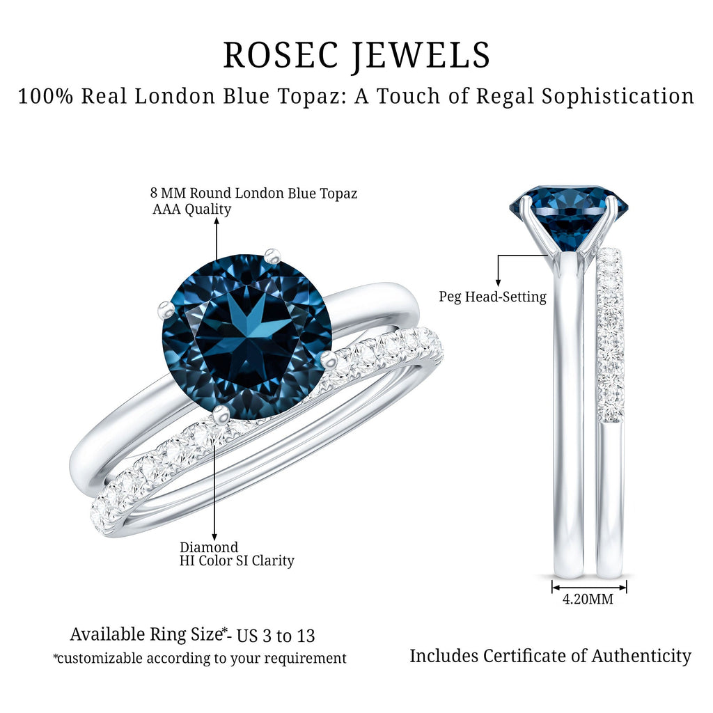 2 Carat Round London Blue Topaz Solitaire Engagement Ring with Diamond Band
