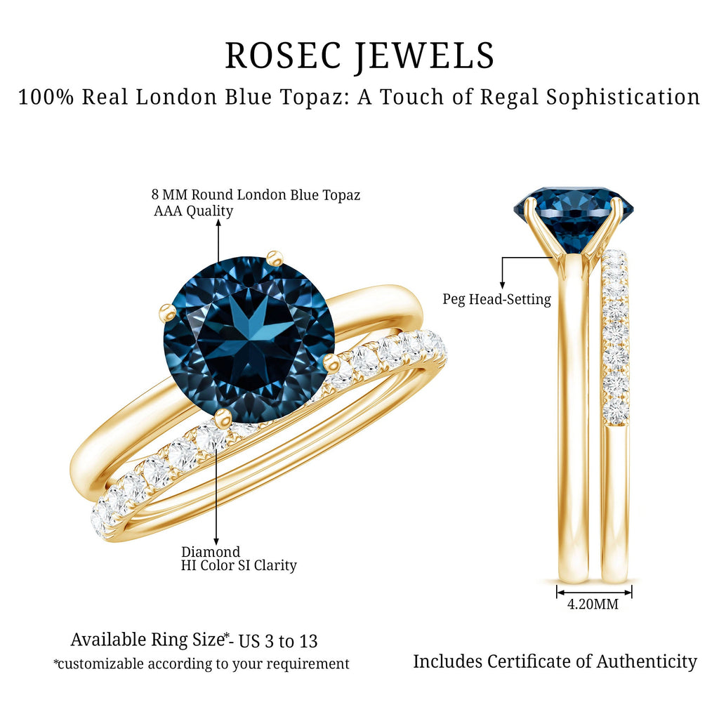 2 Carat Round London Blue Topaz Solitaire Engagement Ring with Diamond Band