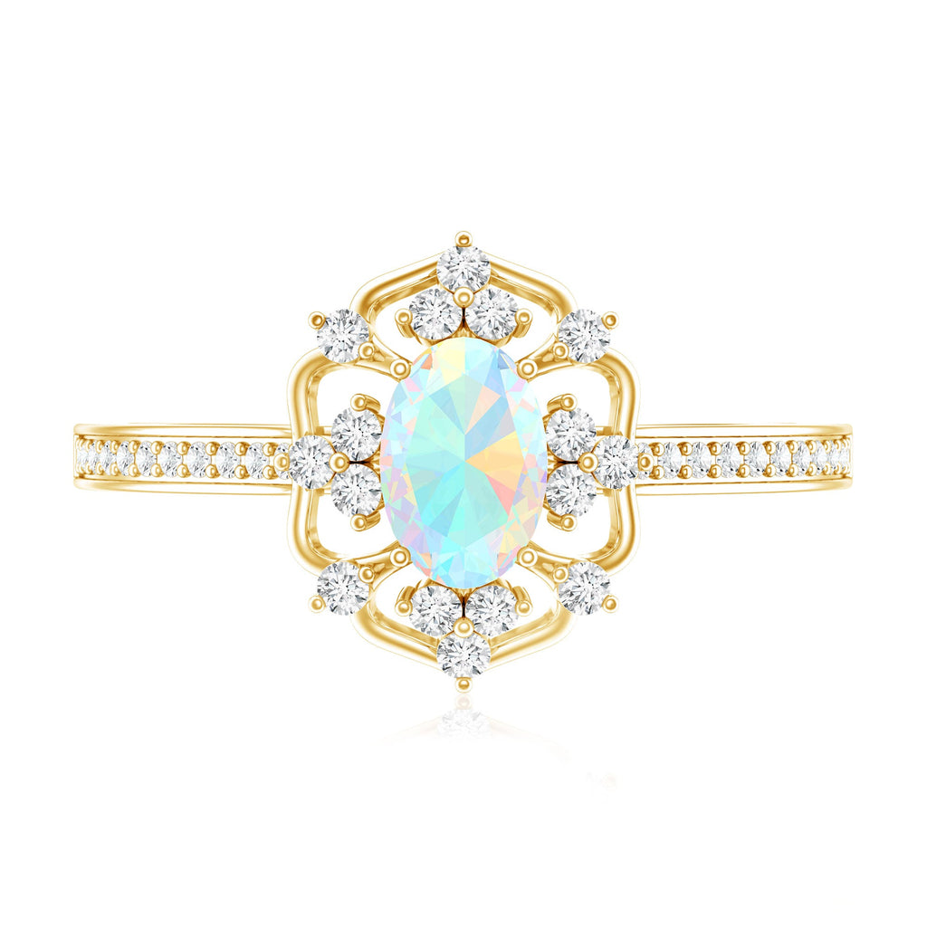 Natural Oval Ethiopian Rainbow Opal Vintage Looking Engagement Ring with Diamond
