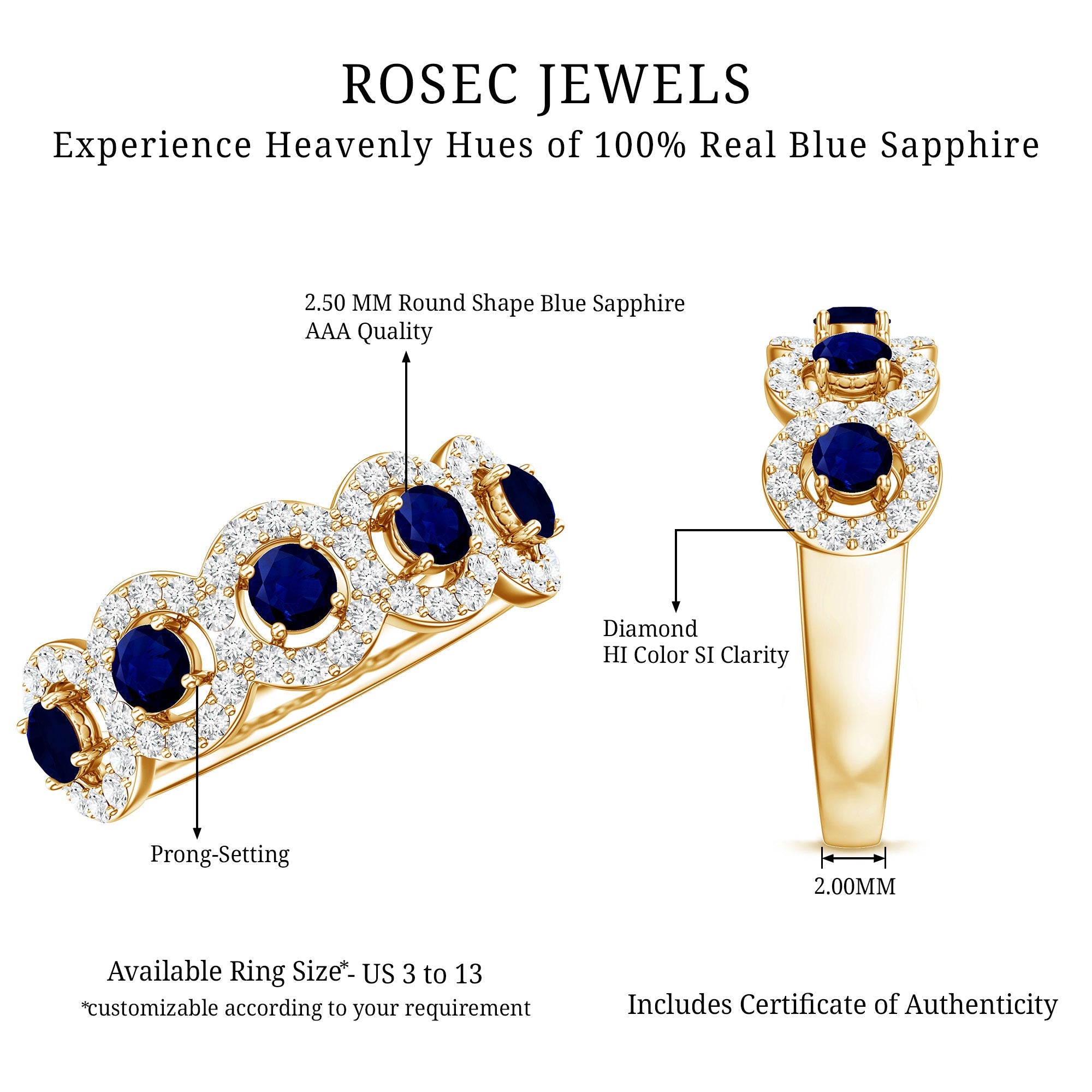 Classic Blue Sapphire Half Eternity Anniversary Ring with Diamond