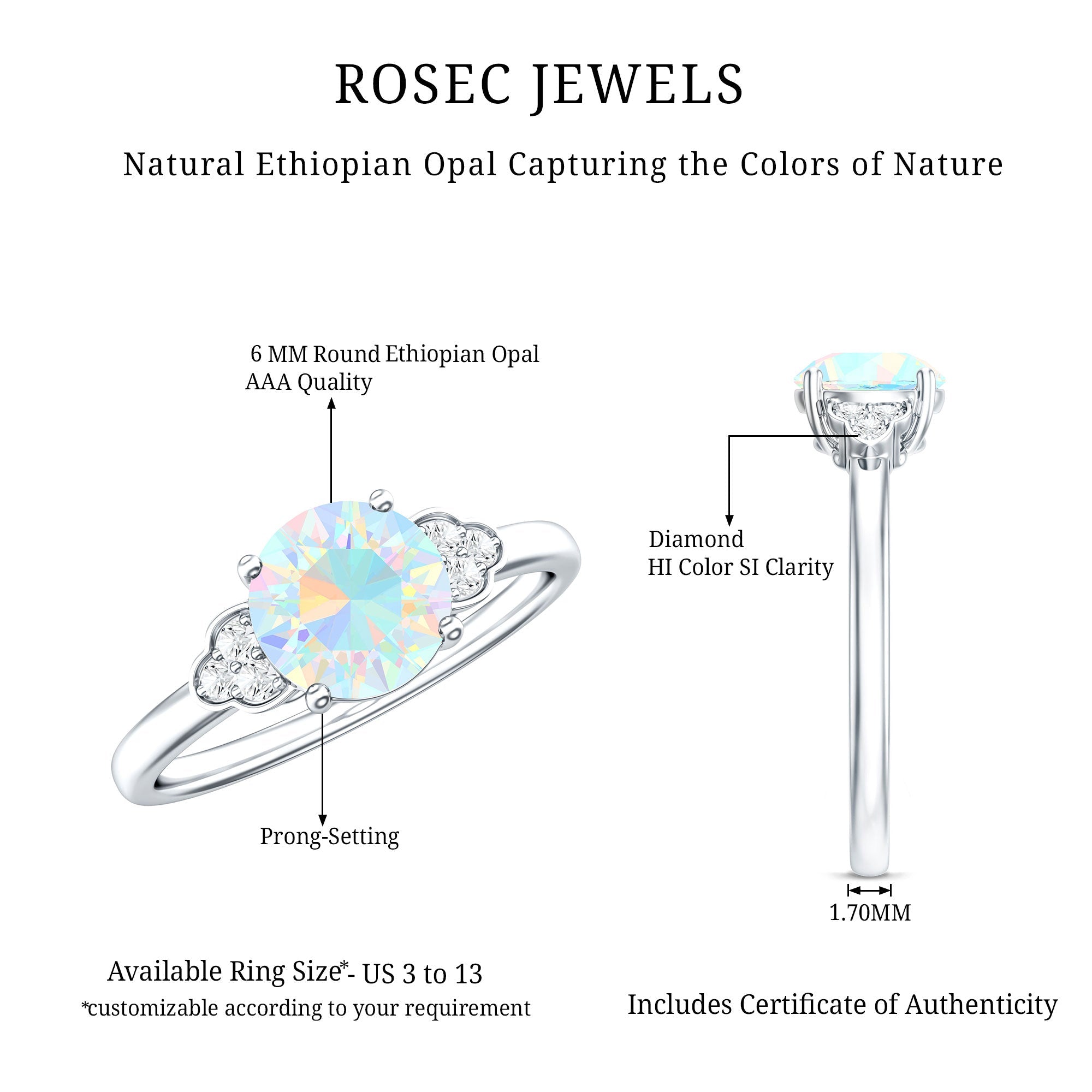 Natural Ethiopian Opal Engagement Ring with Diamond Trio