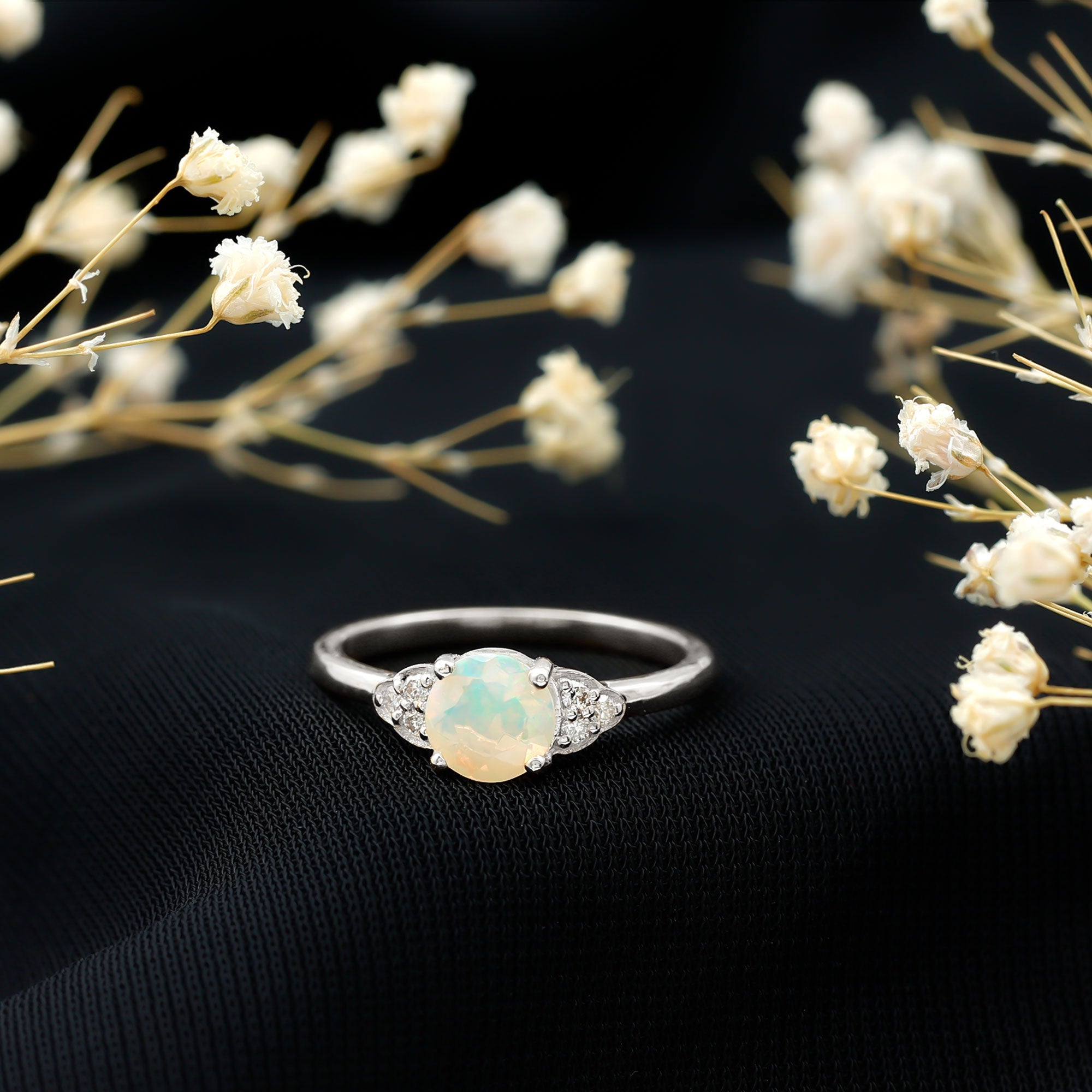 Natural Ethiopian Opal Engagement Ring with Diamond Trio
