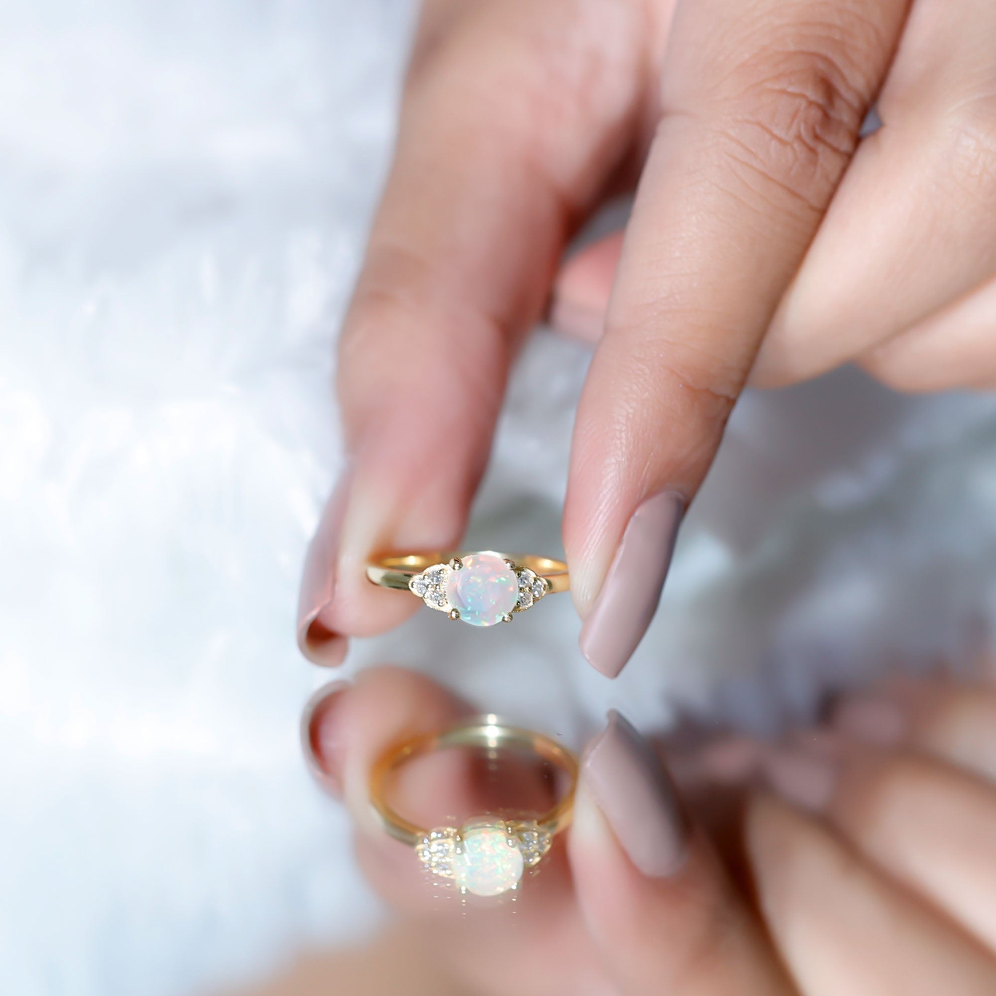Natural Ethiopian Opal Engagement Ring with Diamond Trio