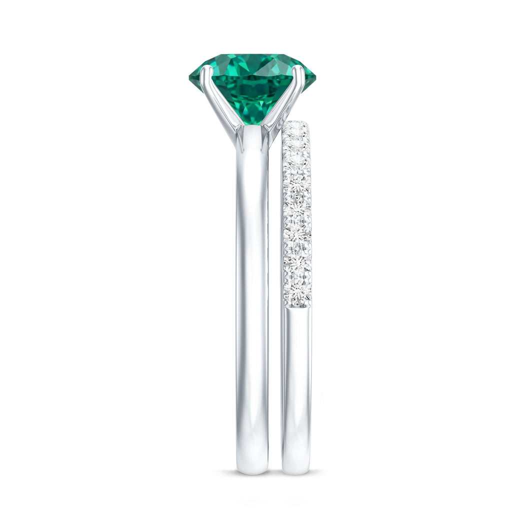 Certified Solitaire Lab Grown Emerald Engagement Ring with Diamond Wedding Band