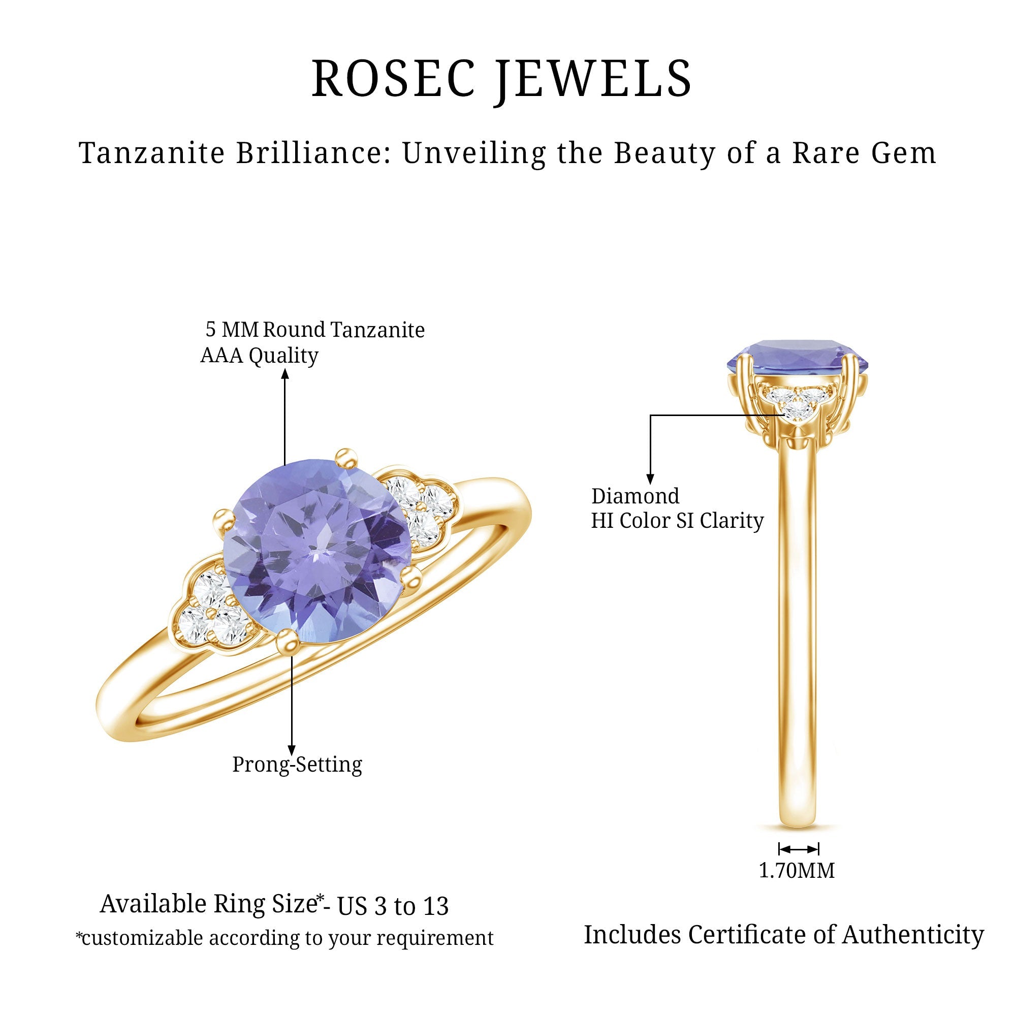 Natural Tanzanite Engagement Ring with Trio of Diamond