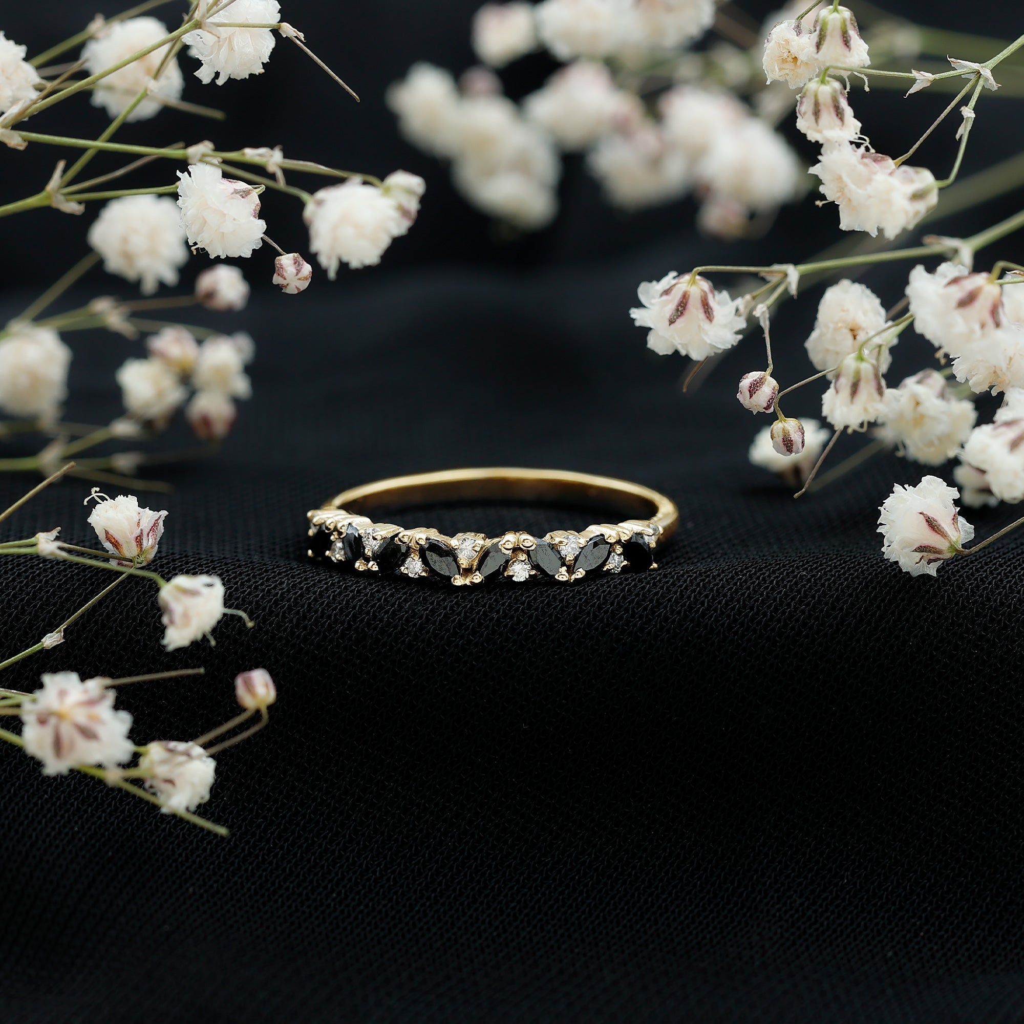 Natural Marquise Black Spinel Diamond Half Eternity Ring