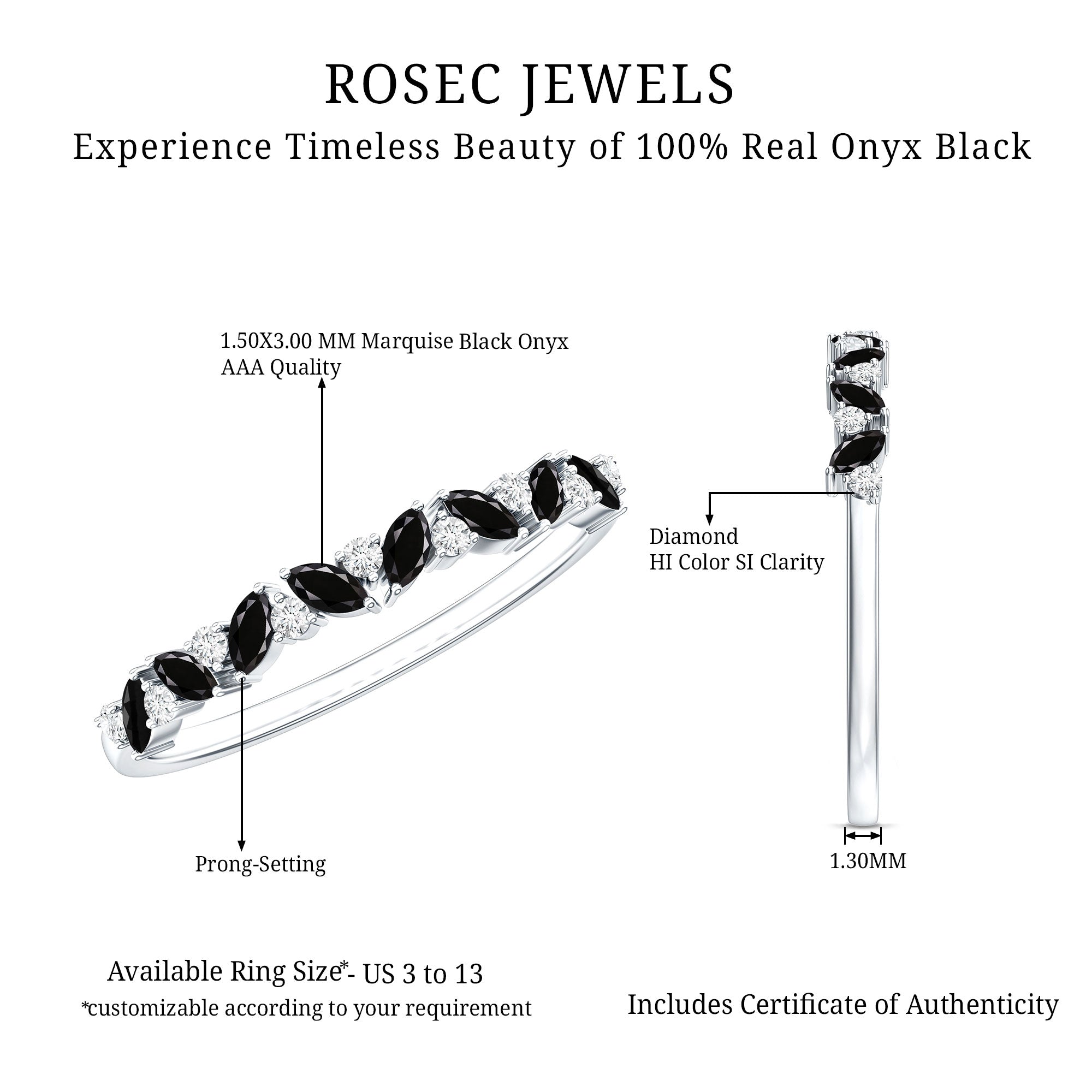 Minimalist Black Onyx and Diamond Half Eternity Ring
