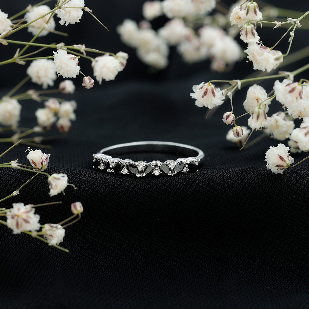 Minimalist Black Onyx and Diamond Half Eternity Ring