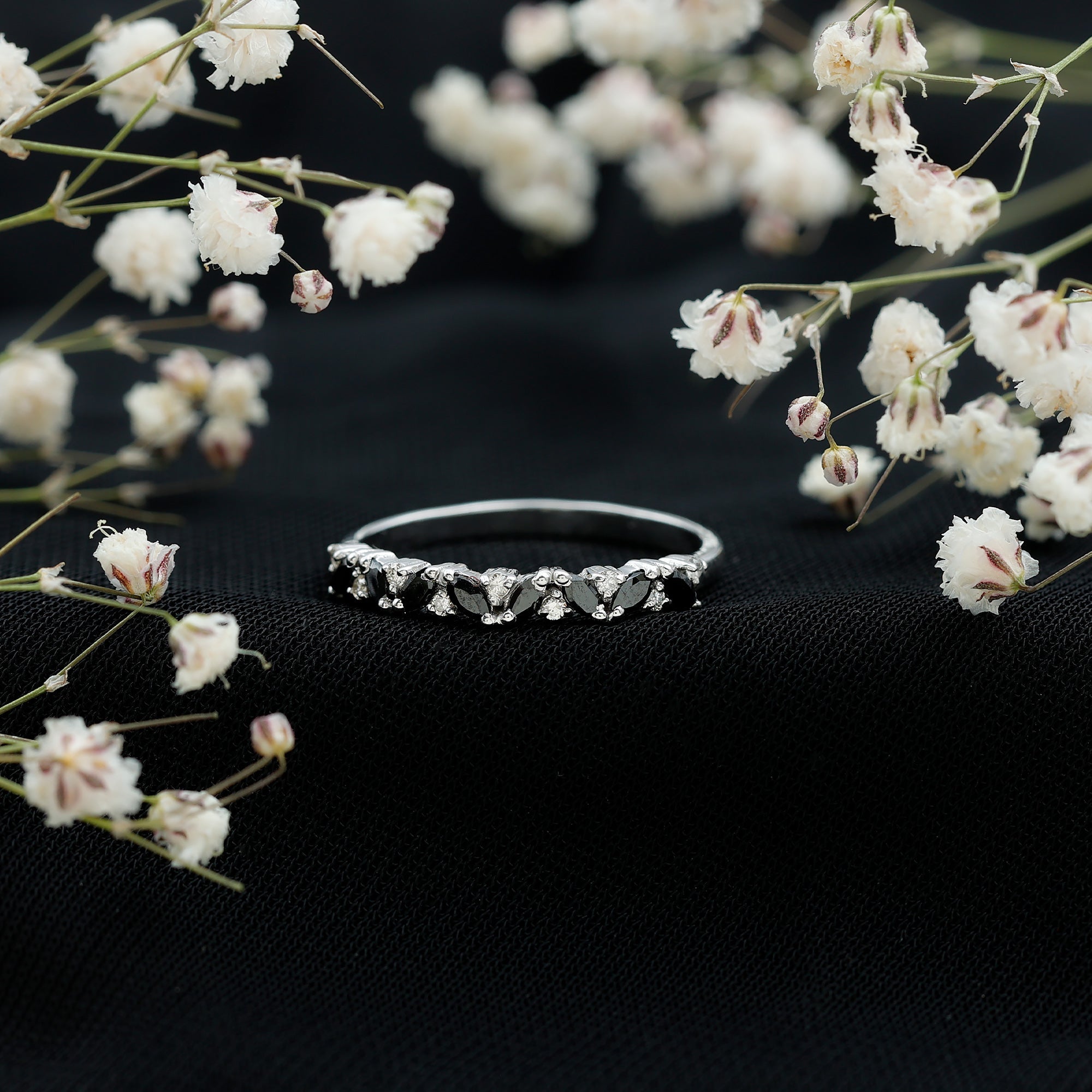 Minimalist Black Onyx and Diamond Half Eternity Ring