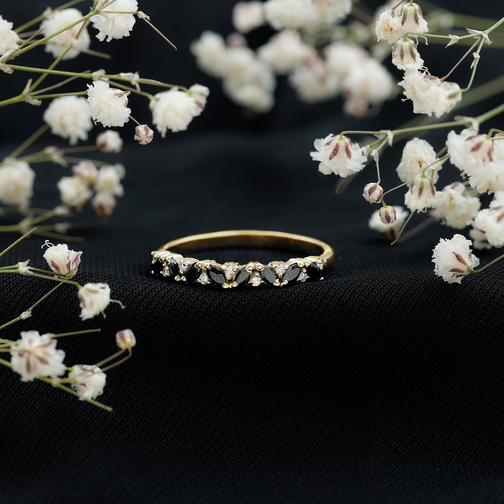 Minimalist Black Onyx and Diamond Half Eternity Ring