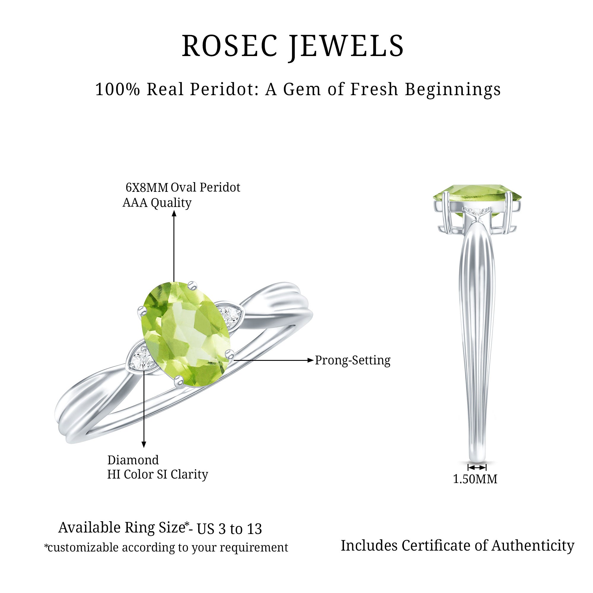 Natural 1 Carat Peridot Oval Engagement Ring with Diamond