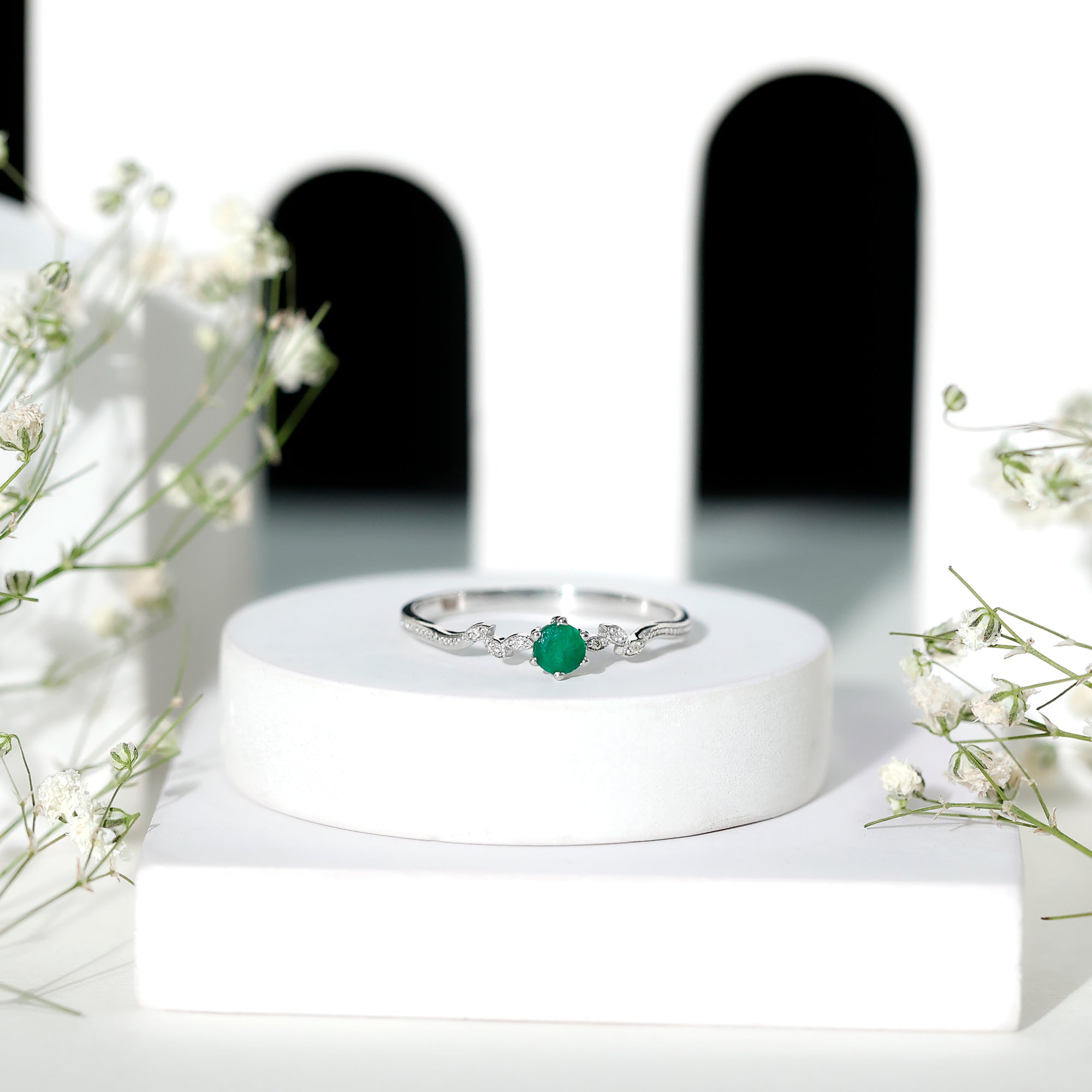 Nature Inspired Emerald Promise Ring with Diamond