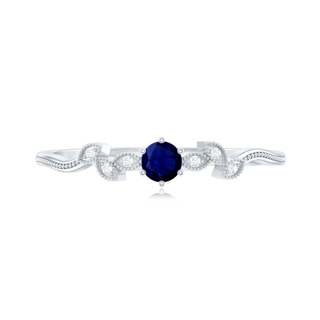 Minimalist Blue Sapphire and Diamond Leaf Promise Ring with Certificate