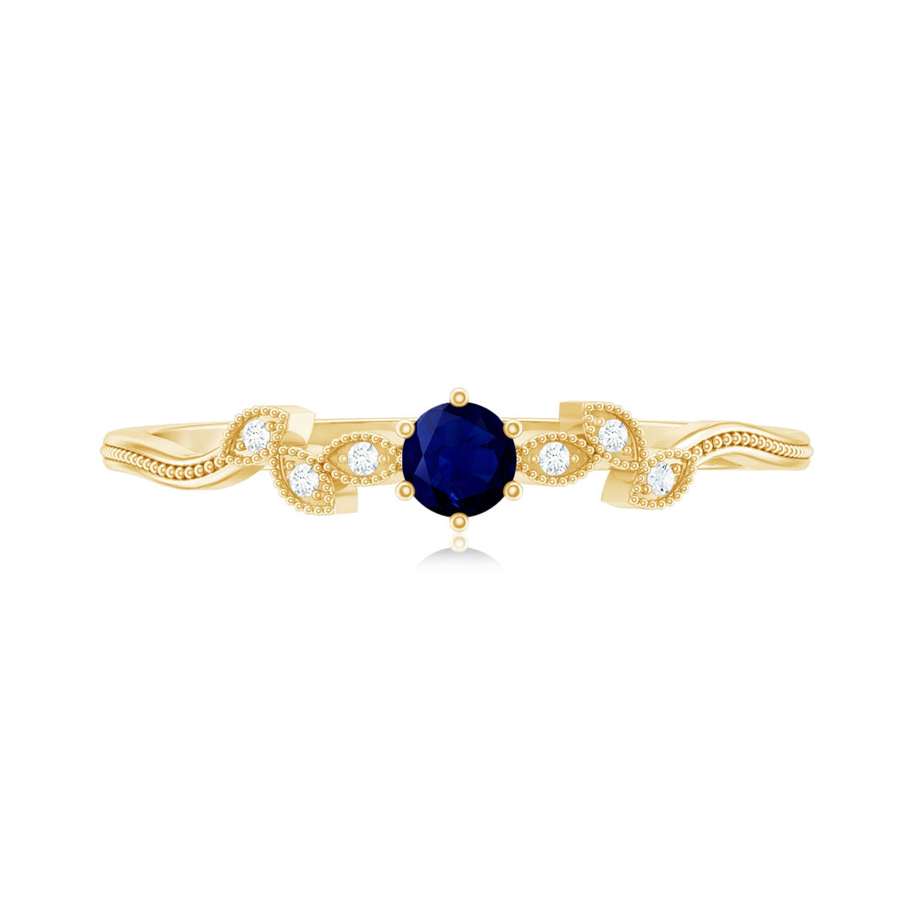 Minimalist Blue Sapphire and Diamond Leaf Promise Ring with Certificate
