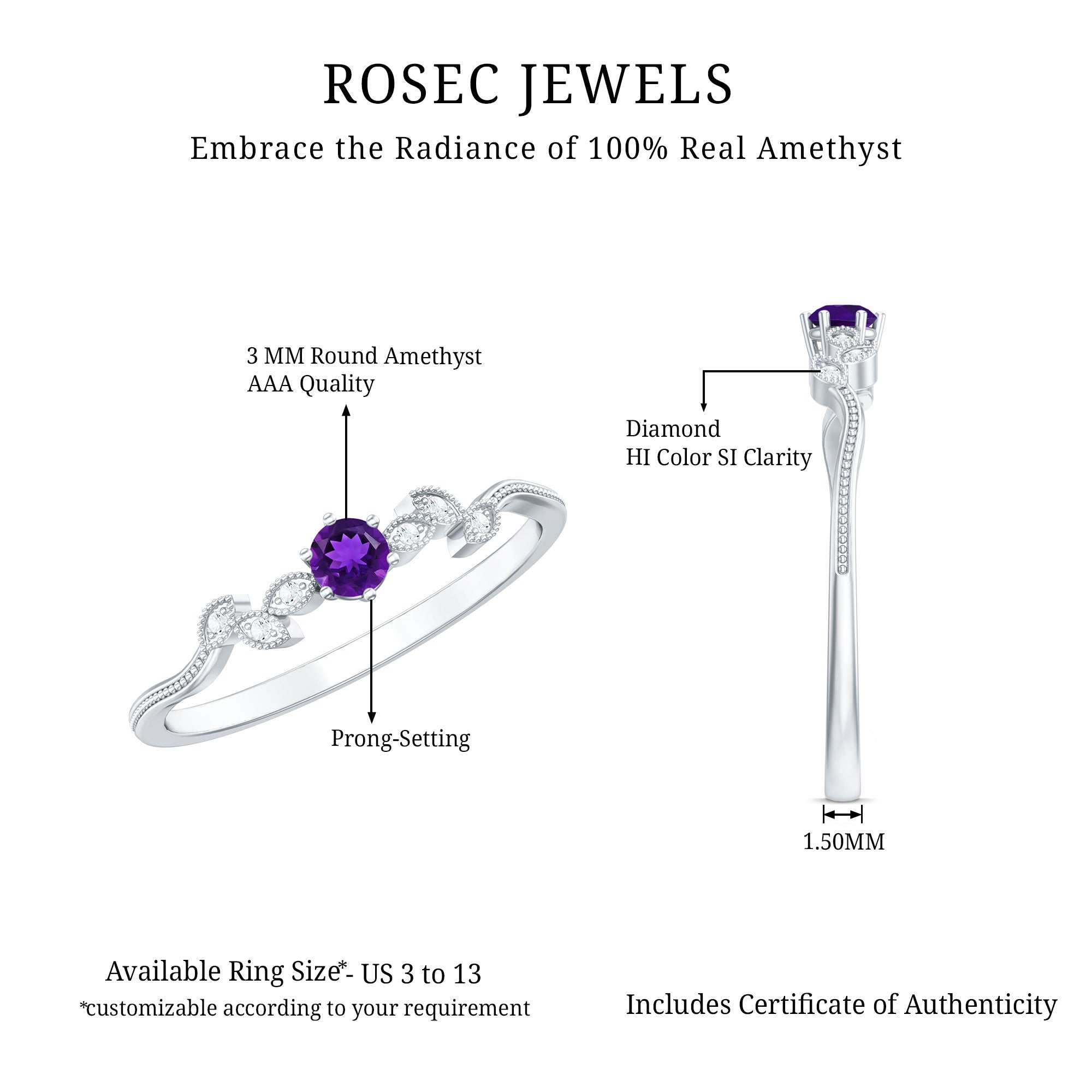 Nature Inspired Amethyst Promise Ring with Diamond