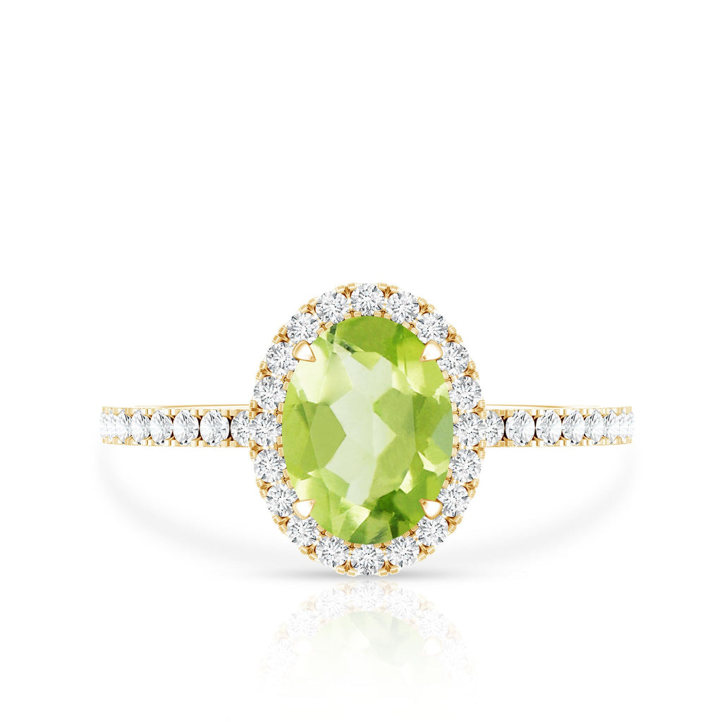 Natural 1 Carat Peridot Oval Engagement Ring with Diamond Halo