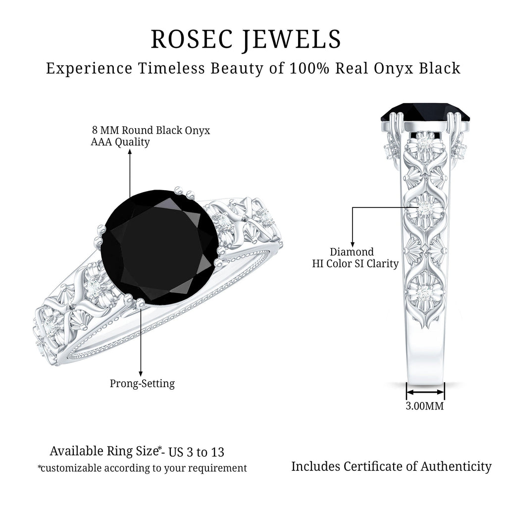 2 Carat Round Black Onyx Solitaire Antique Looking Engagement Ring with Diamond