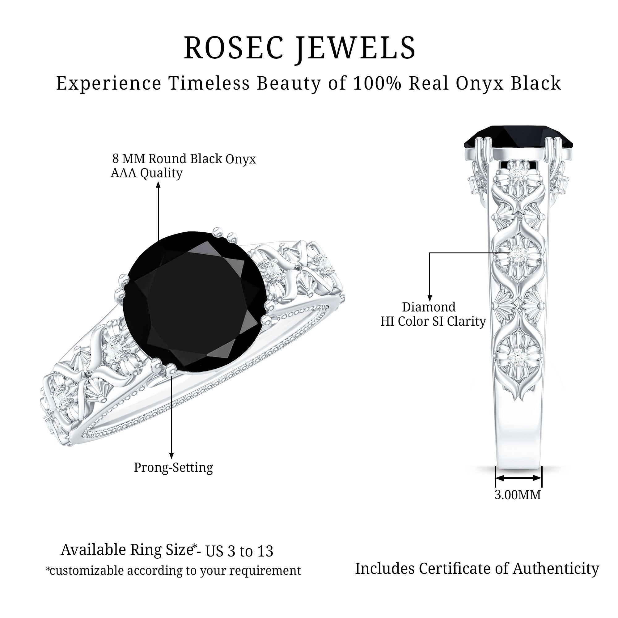 2 Carat Round Black Onyx Solitaire Antique Looking Engagement Ring with Diamond