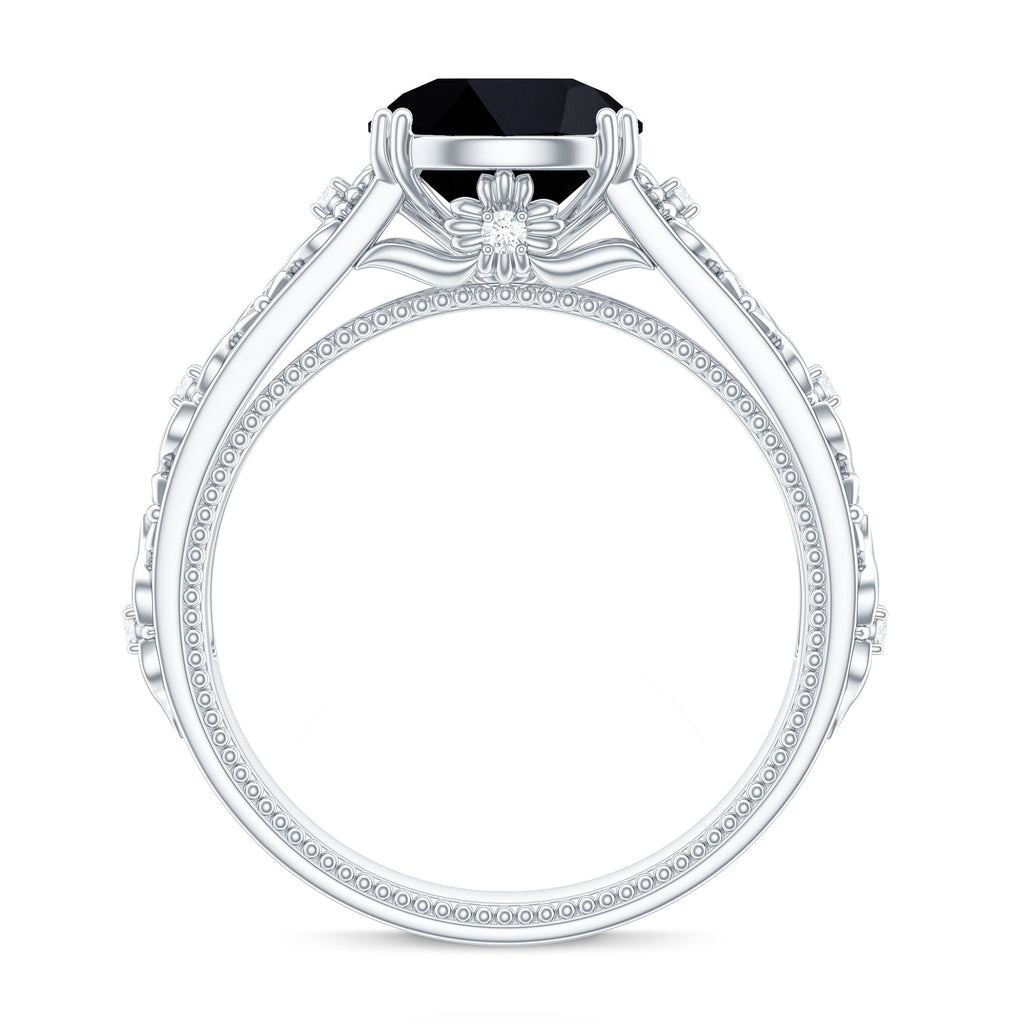 2 Carat Round Black Onyx Solitaire Antique Looking Engagement Ring with Diamond