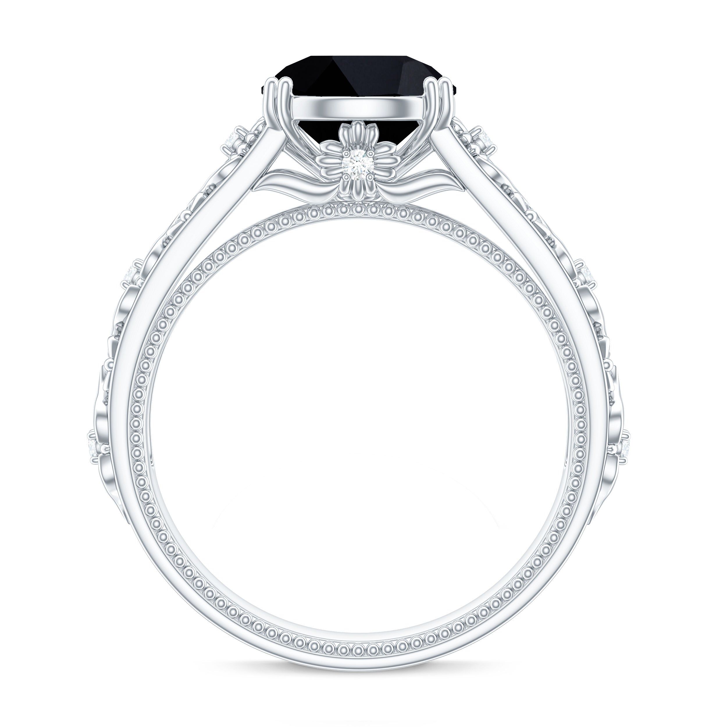 2 Carat Round Black Onyx Solitaire Antique Looking Engagement Ring with Diamond