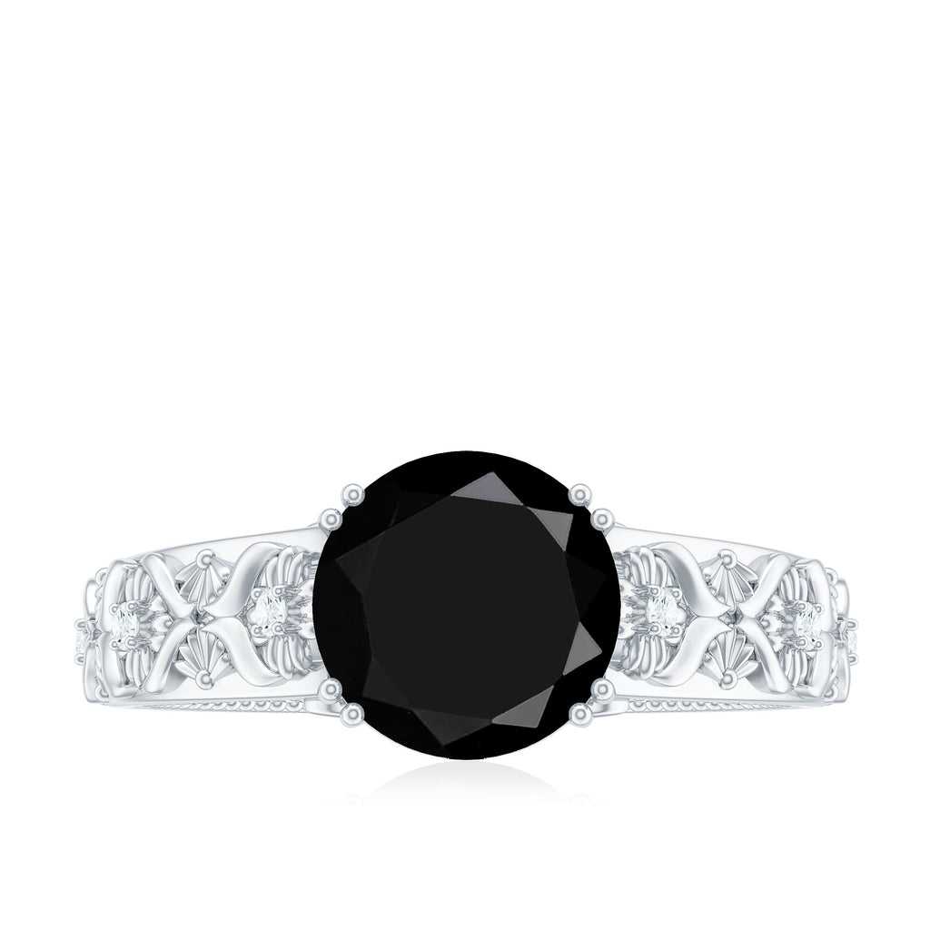 2 Carat Round Black Onyx Solitaire Antique Looking Engagement Ring with Diamond
