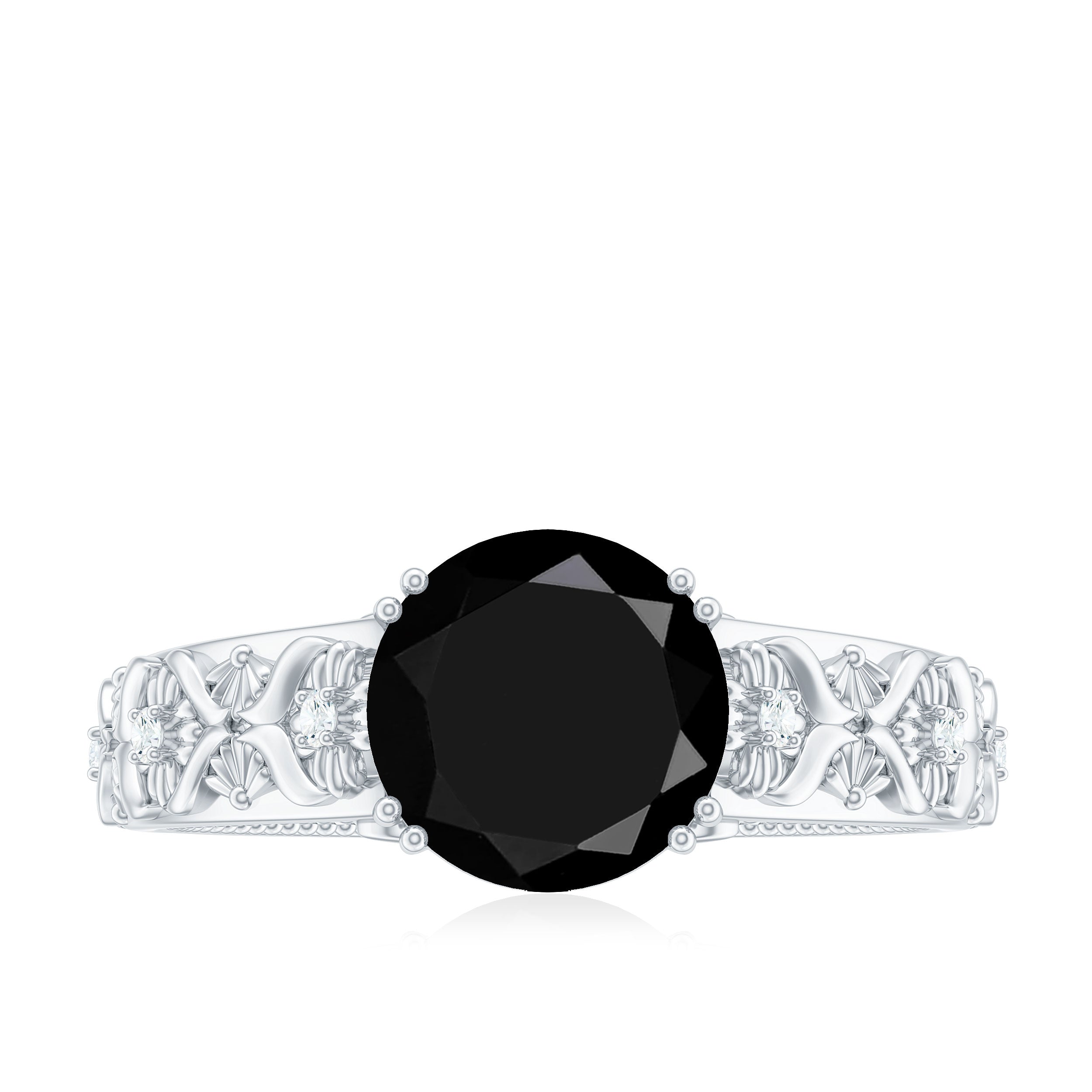 2 Carat Round Black Onyx Solitaire Antique Looking Engagement Ring with Diamond