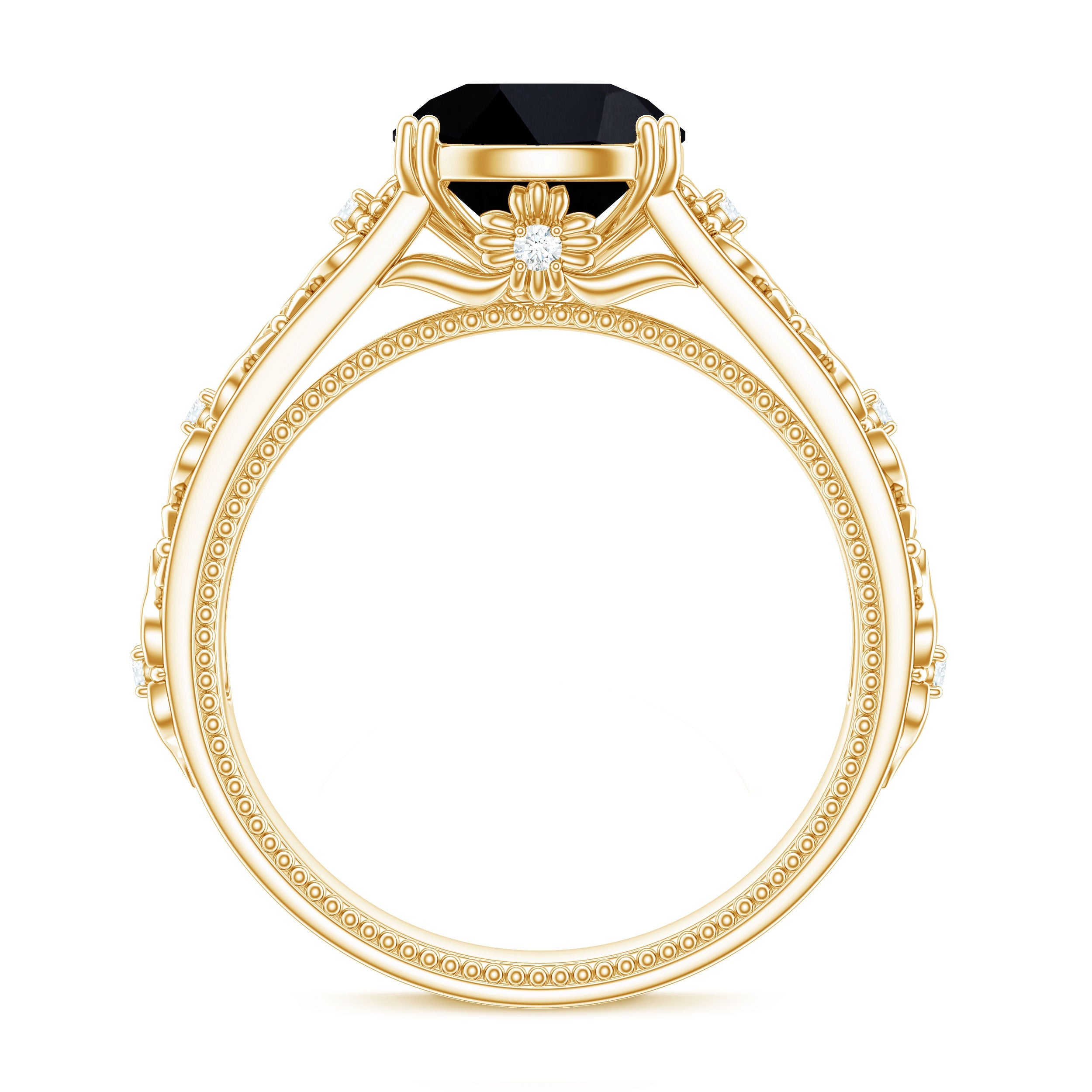 2 Carat Round Black Onyx Solitaire Antique Looking Engagement Ring with Diamond