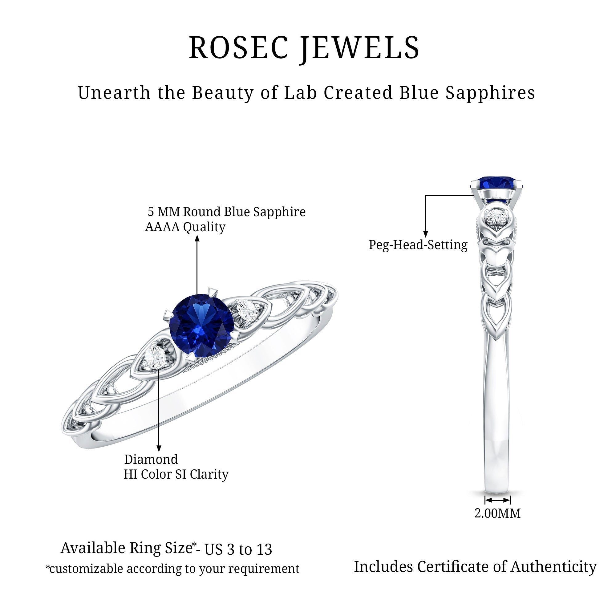 Certified 0.6 Carat Lab Grown Blue Sapphire Diamond Promise Ring