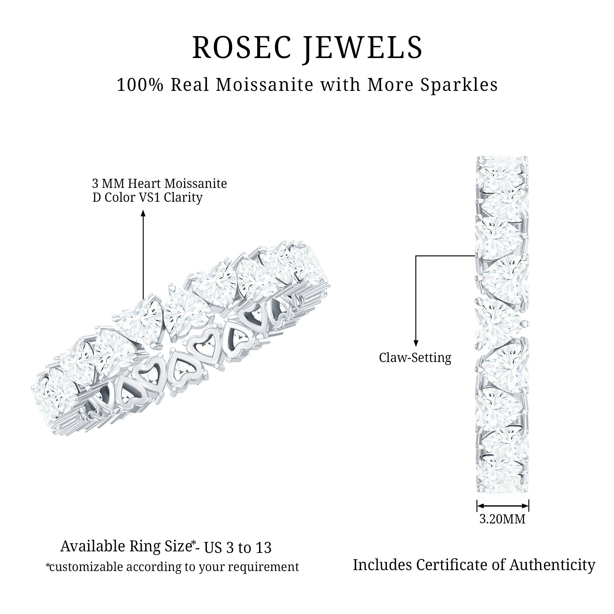 Claw Set Moissanite Heart Wedding Band for Women