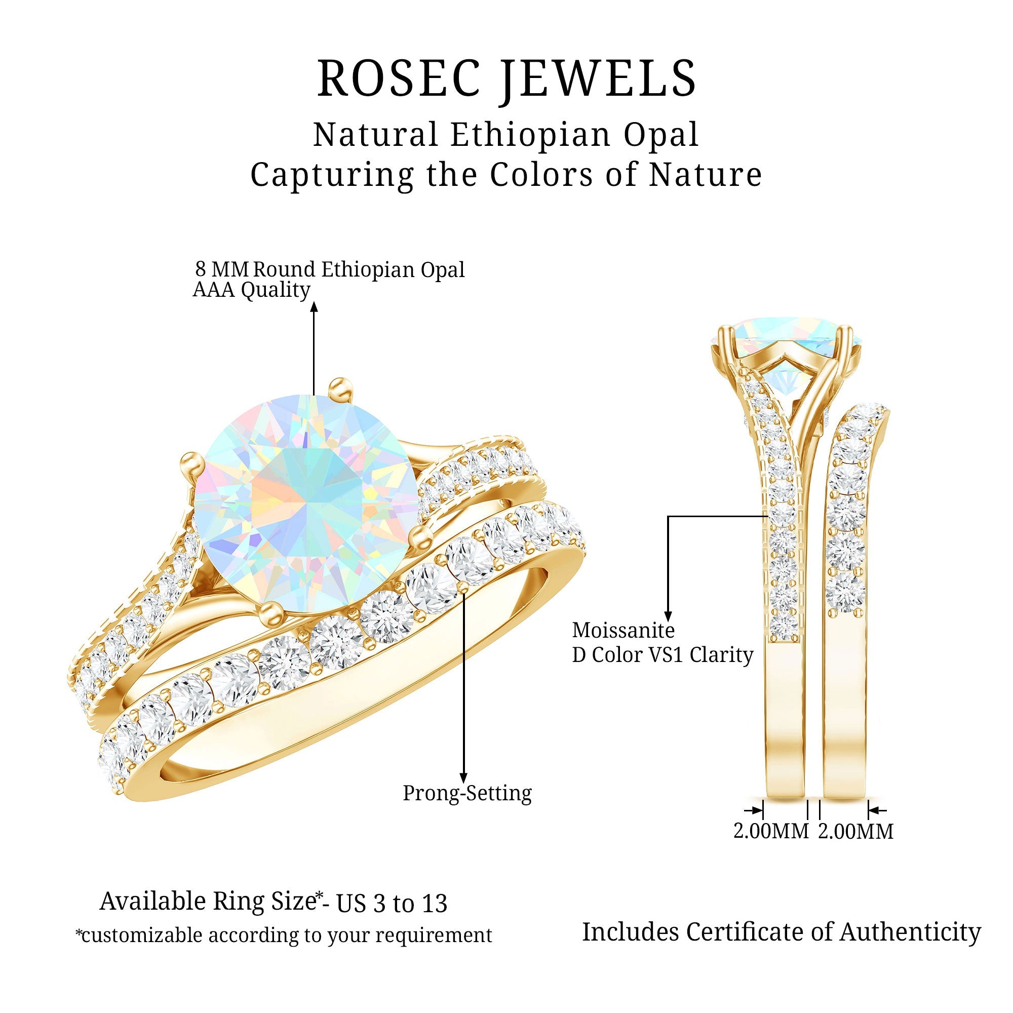 Natural Ethiopian Opal Split Shank Engagement Ring with Wedding Band