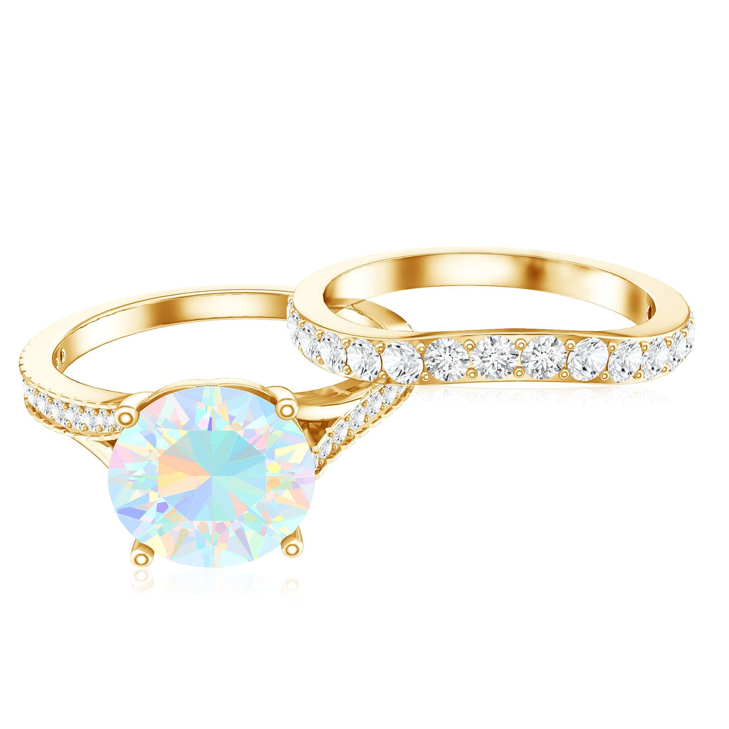 Natural Ethiopian Opal Split Shank Engagement Ring with Wedding Band