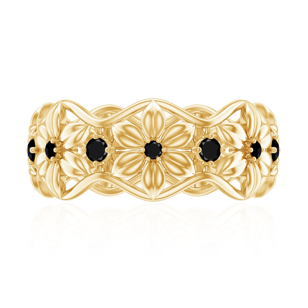 Natural Black Spinel Flower Band Ring for Women