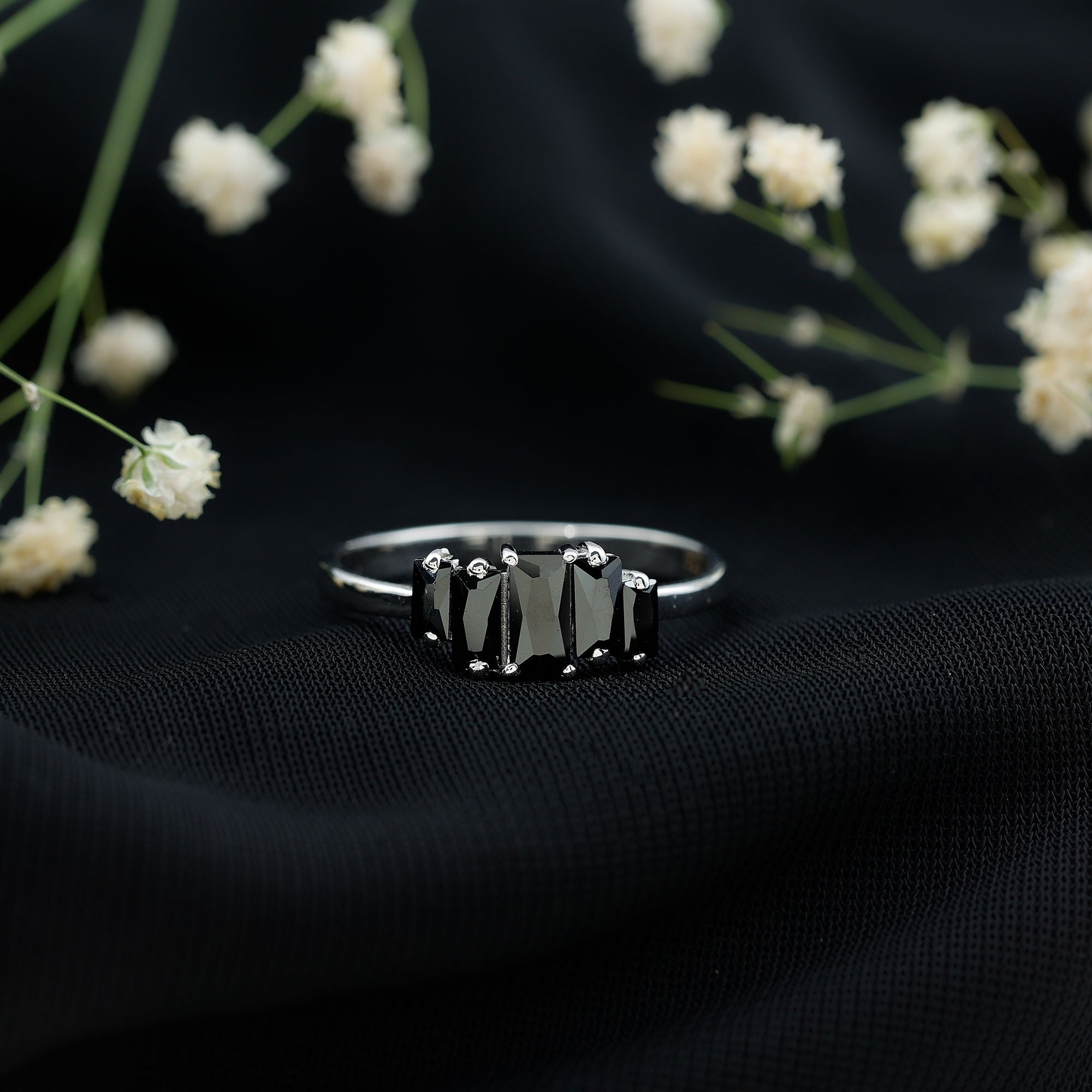 Baguette Cut Black Onyx 5 Stone Anniversary Ring