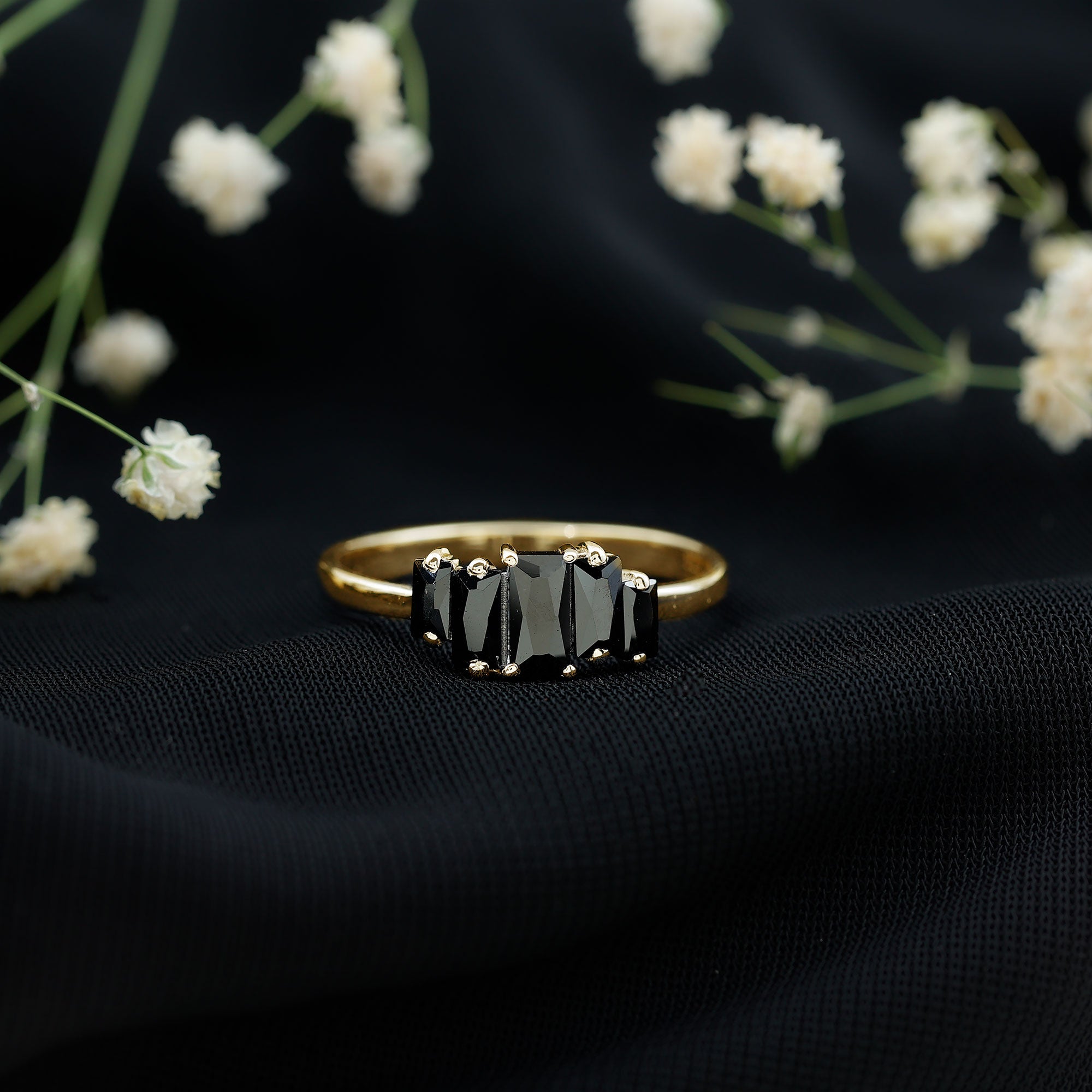 Baguette Cut Black Onyx 5 Stone Anniversary Ring