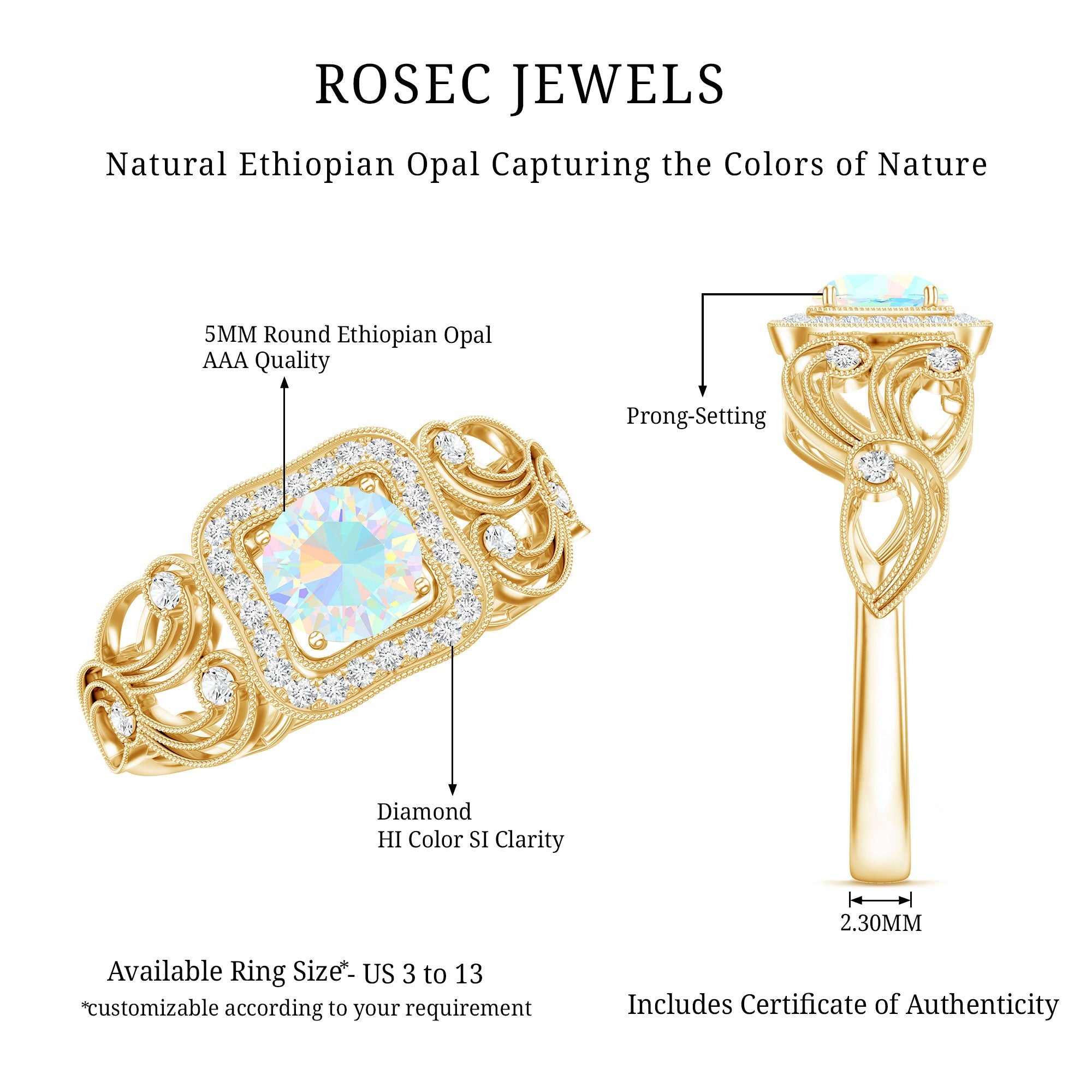 Certified Real Ethiopian Opal Retro Engagement Ring with Diamond