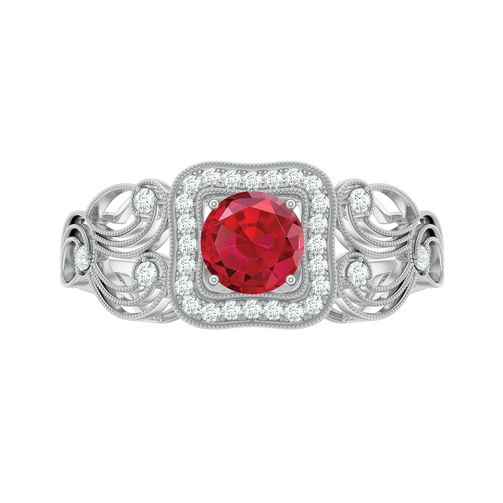Certified Lab Created Ruby Antique Engagement Ring with Diamond