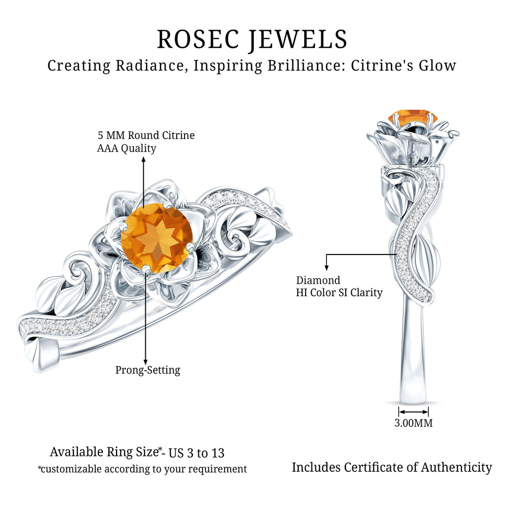 Nature Inspired Citrine Flower Engagement Ring with Diamond
