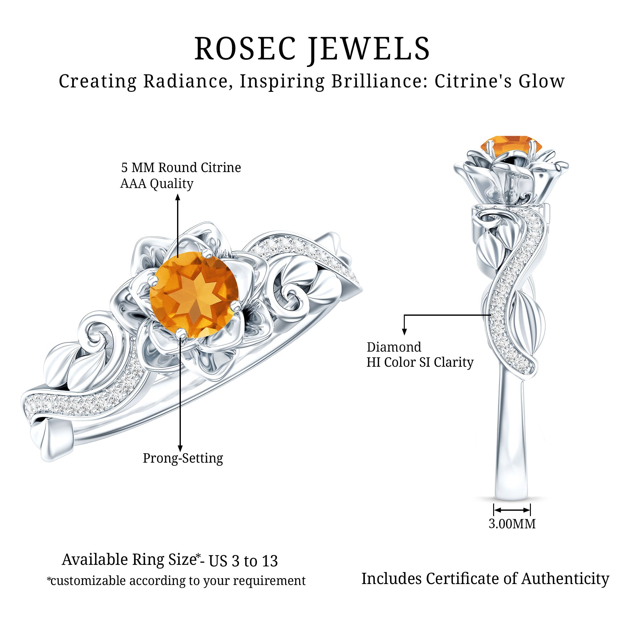 Nature Inspired Citrine Flower Engagement Ring with Diamond