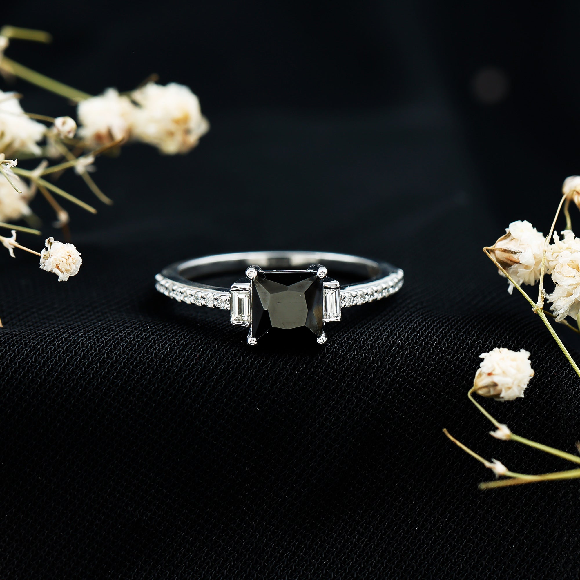 Certified 1 Carat Lab Grown Black and White Diamond Princess Cut Solitaire Engagement Ring