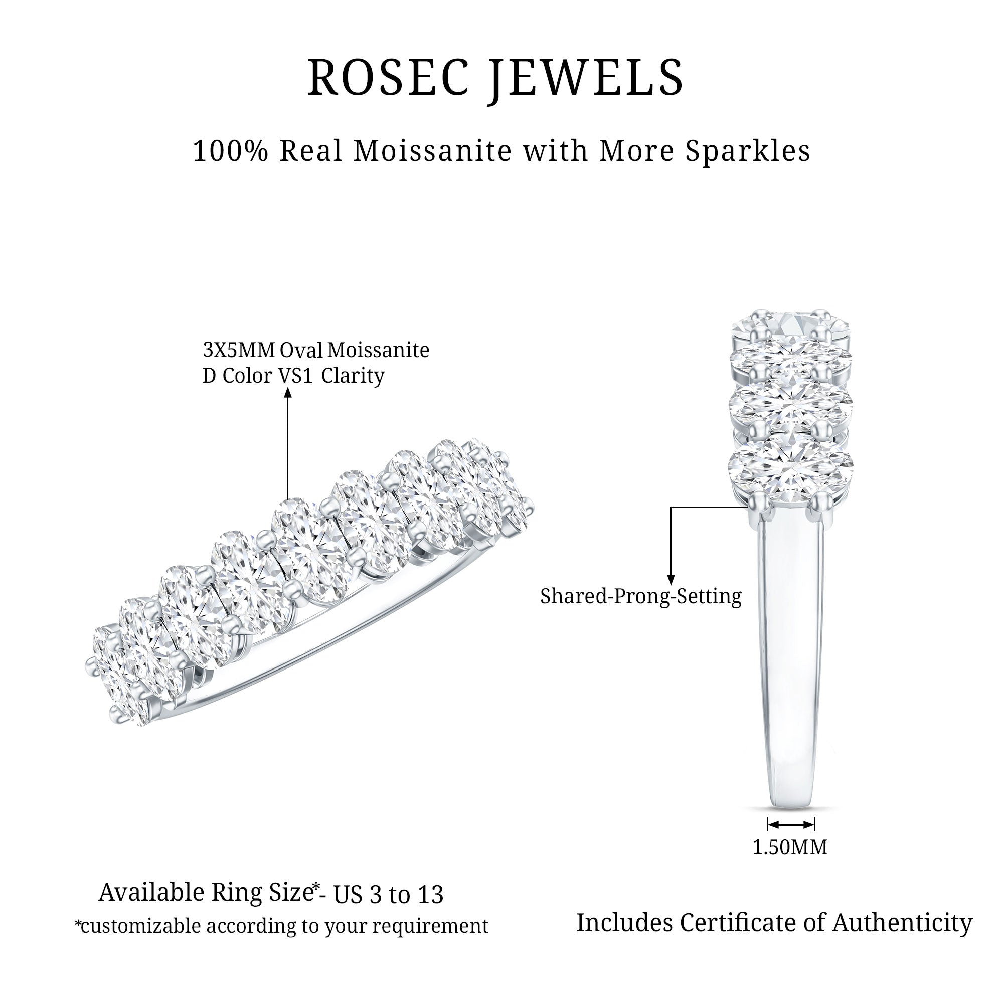 Oval Moissanite Half Eternity Wedding Band Ring