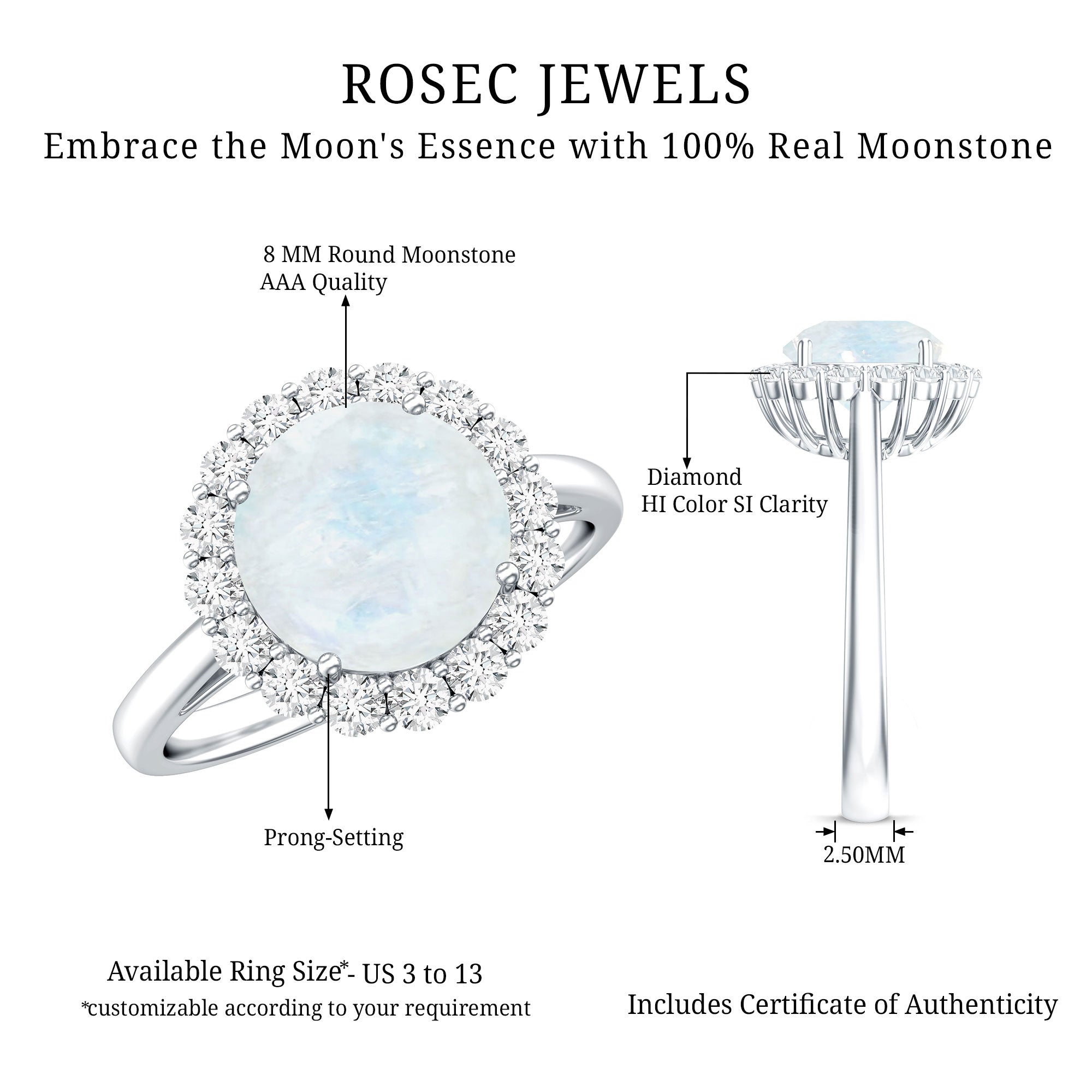 0.8 CT Round Moonstone Halo Engagement Ring with Diamond