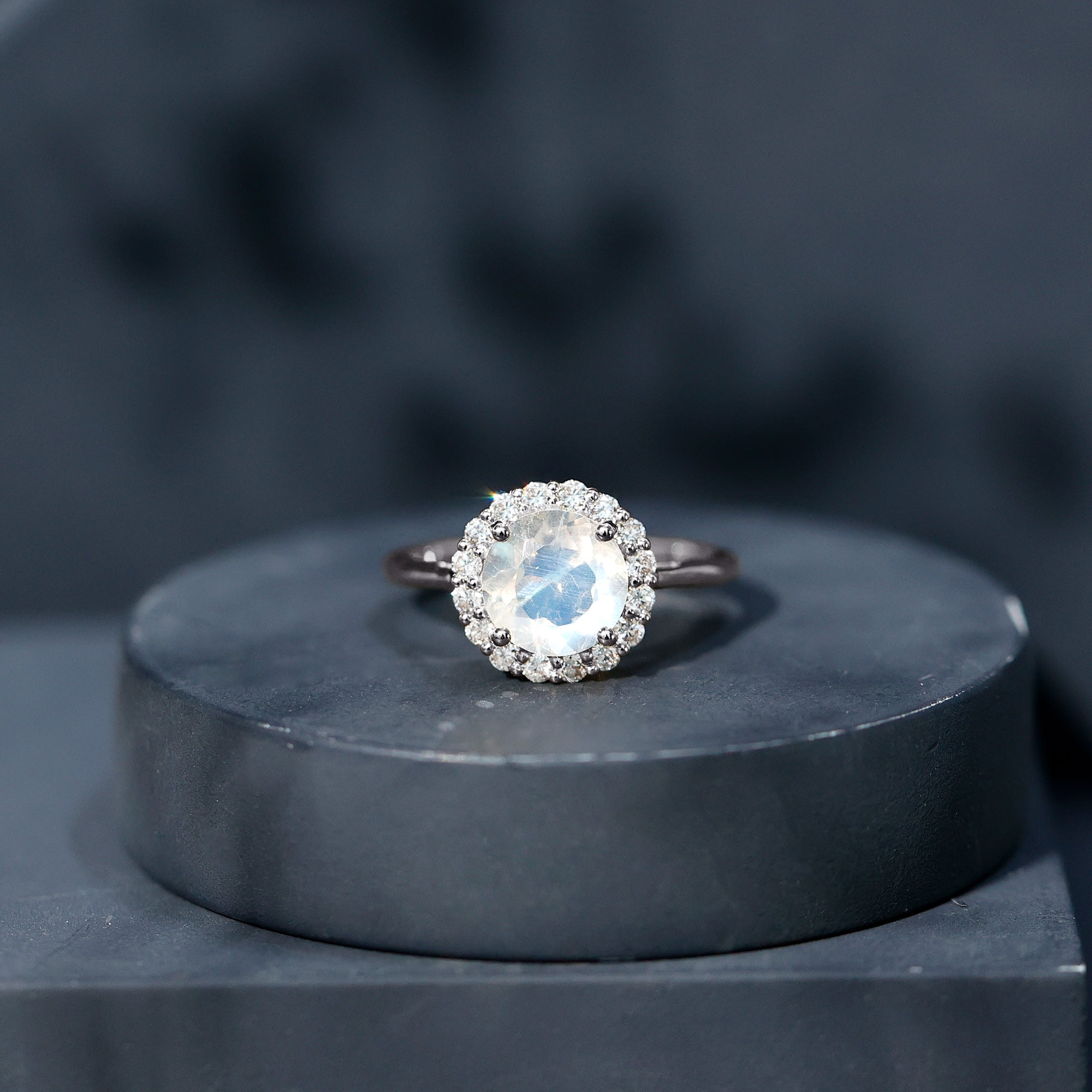 0.8 CT Round Moonstone Halo Engagement Ring with Diamond