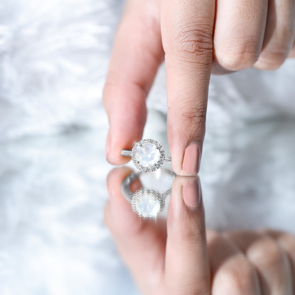 0.8 CT Round Moonstone Halo Engagement Ring with Diamond